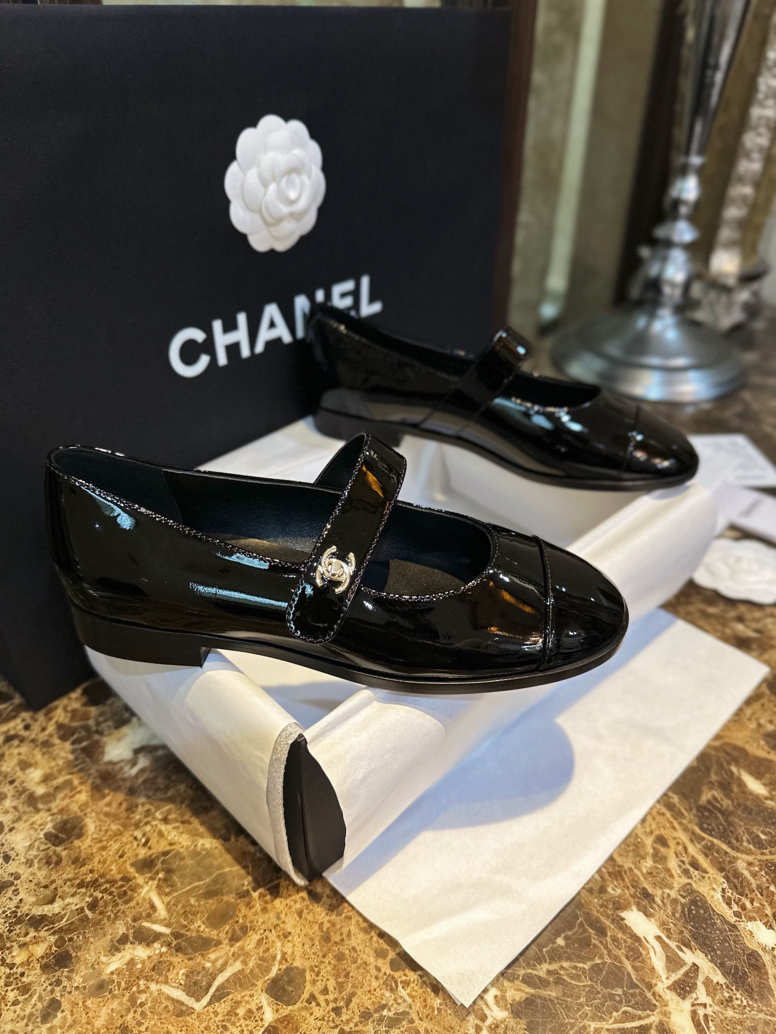 Chanel Black Patent Leather Mary Jane - Super Classic Bookbag Clasp, Imported Calf Patent Leather ➕ Full-Rounded Toe, Soft Lamb Leather Lining ➕ 2cm Heel Height