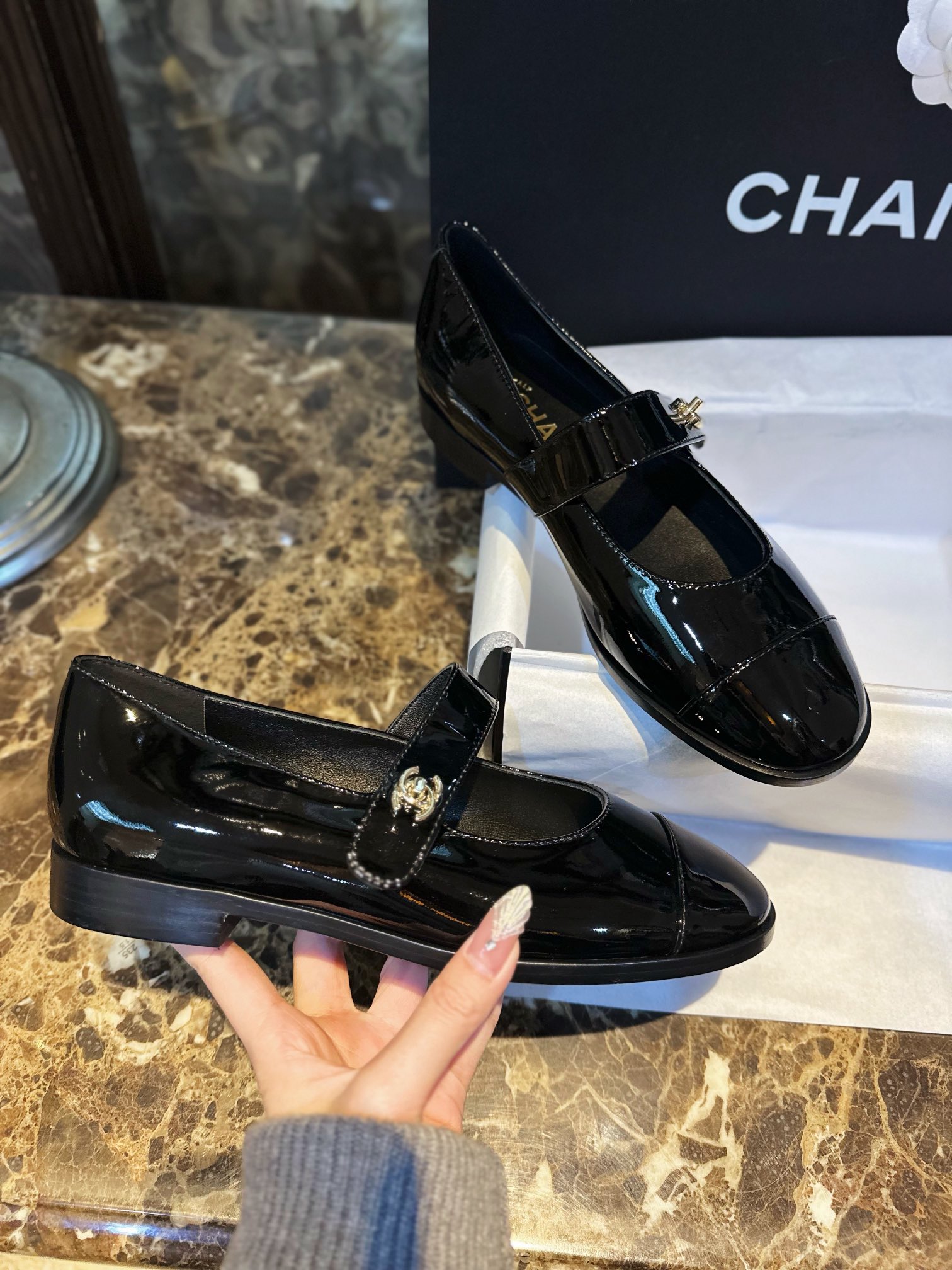 Chanel Black Patent Leather Mary Jane - Super Classic Bookbag Clasp, Imported Calf Patent Leather ➕ Full-Rounded Toe, Soft Lamb Leather Lining ➕ 2cm Heel Height