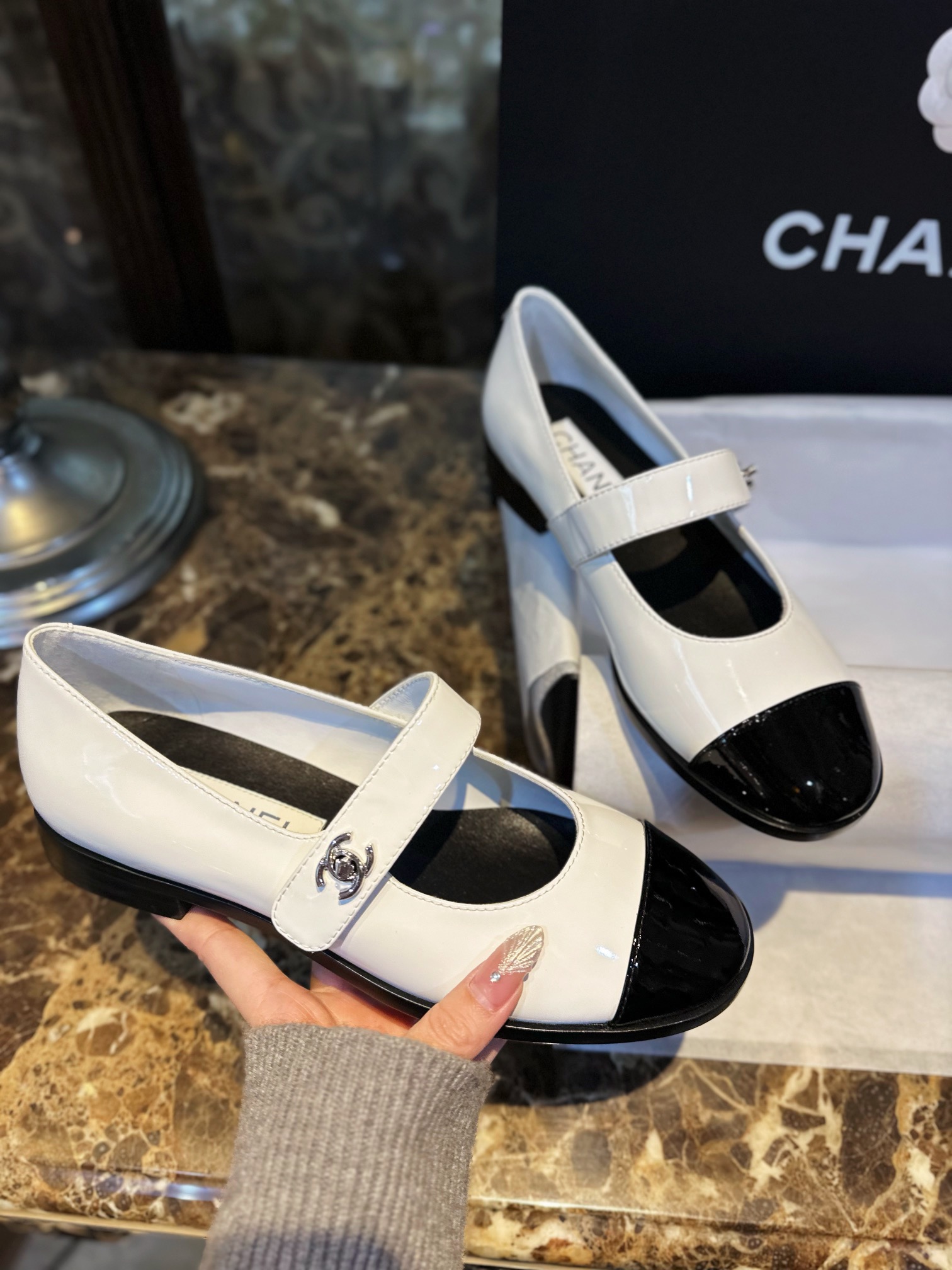 Chanel White Patent Leather Mary Jane - Black and White Calf Patent Leather Material Adds a Youthful Vibe