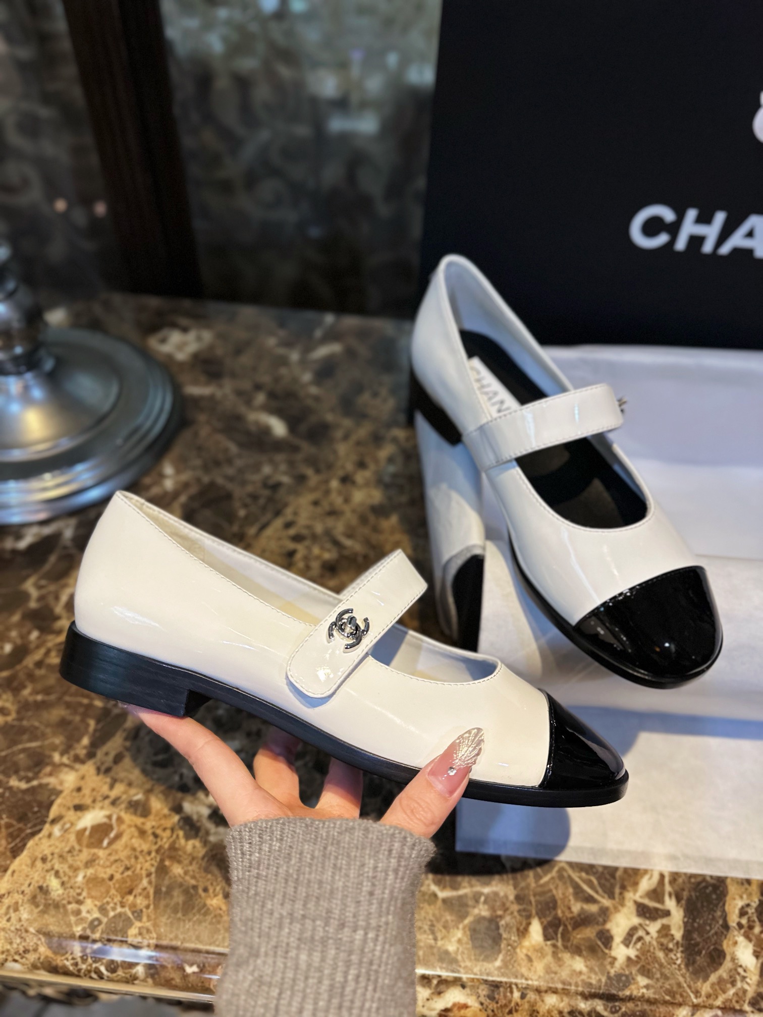 Chanel White Patent Leather Mary Jane - Black and White Calf Patent Leather Material Adds a Youthful Vibe