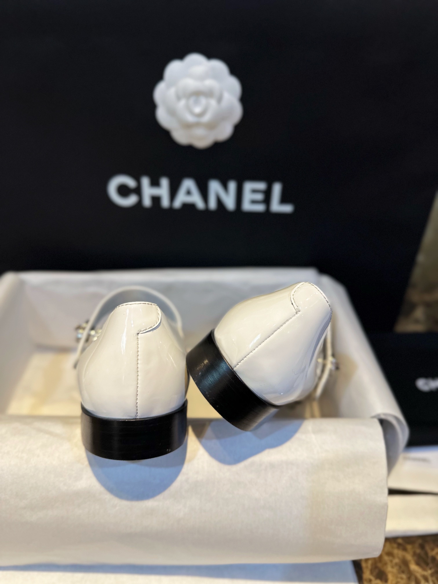 Chanel White Patent Leather Mary Jane - Black and White Calf Patent Leather Material Adds a Youthful Vibe