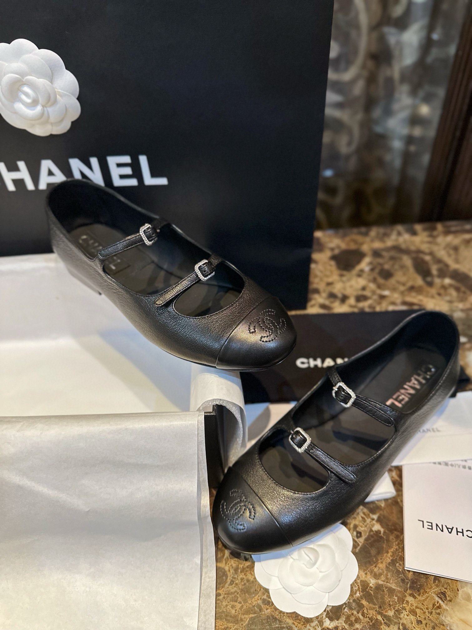 Chanel Double Strap Rhinestone Mary Janes - Black Pine Goat Leather Combined with Fine Lamb Leather