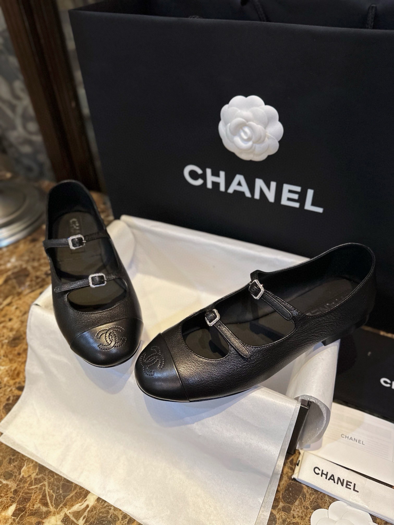 Chanel Double Strap Rhinestone Mary Janes - Black Pine Goat Leather Combined with Fine Lamb Leather