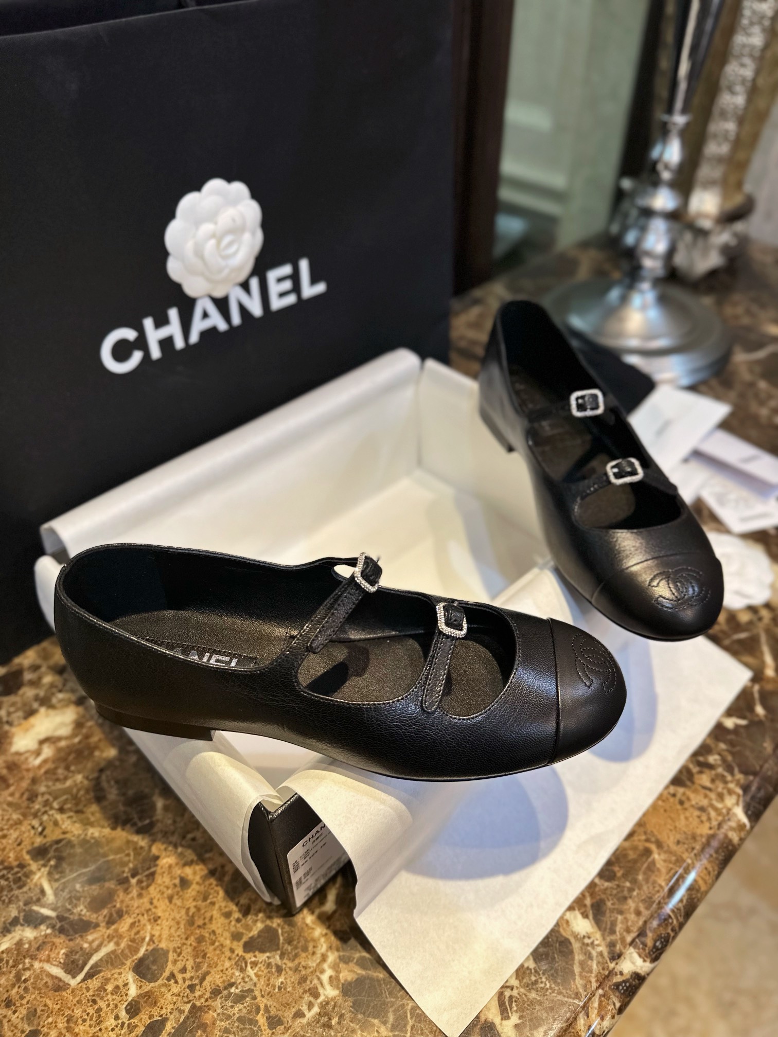 Chanel Double Strap Rhinestone Mary Janes - Black Pine Goat Leather Combined with Fine Lamb Leather