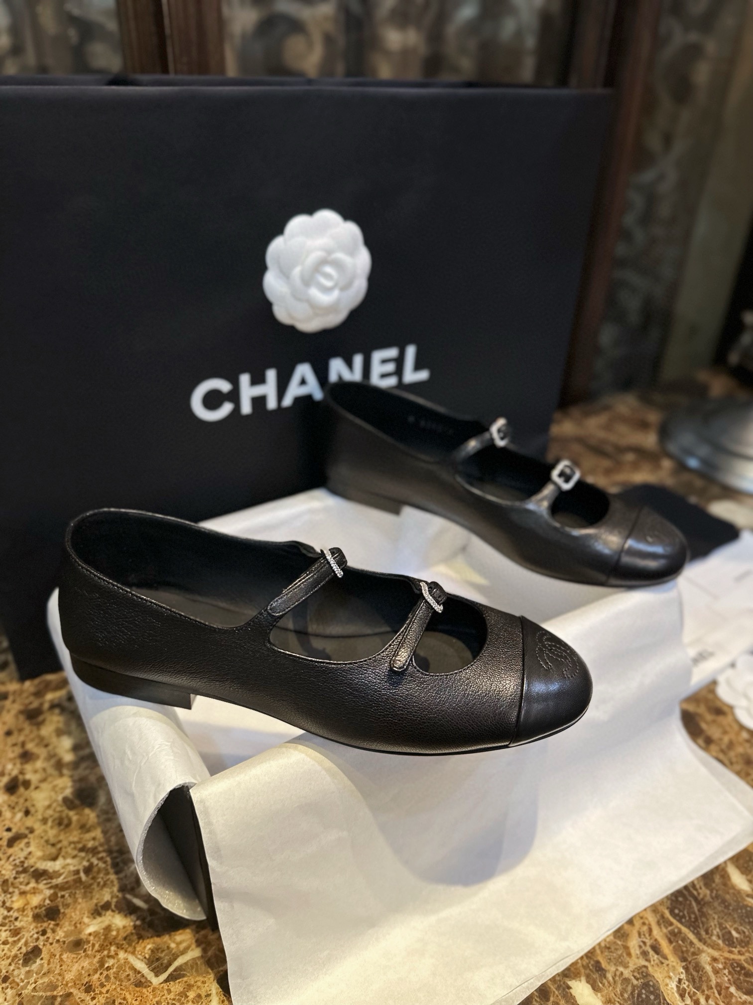 Chanel Double Strap Rhinestone Mary Janes - Black Pine Goat Leather Combined with Fine Lamb Leather