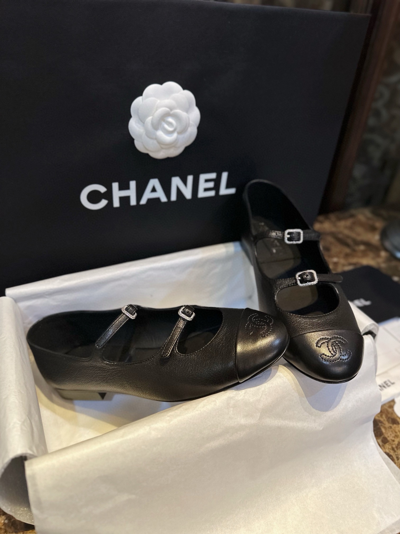 Chanel Double Strap Rhinestone Mary Janes - Black Pine Goat Leather Combined with Fine Lamb Leather