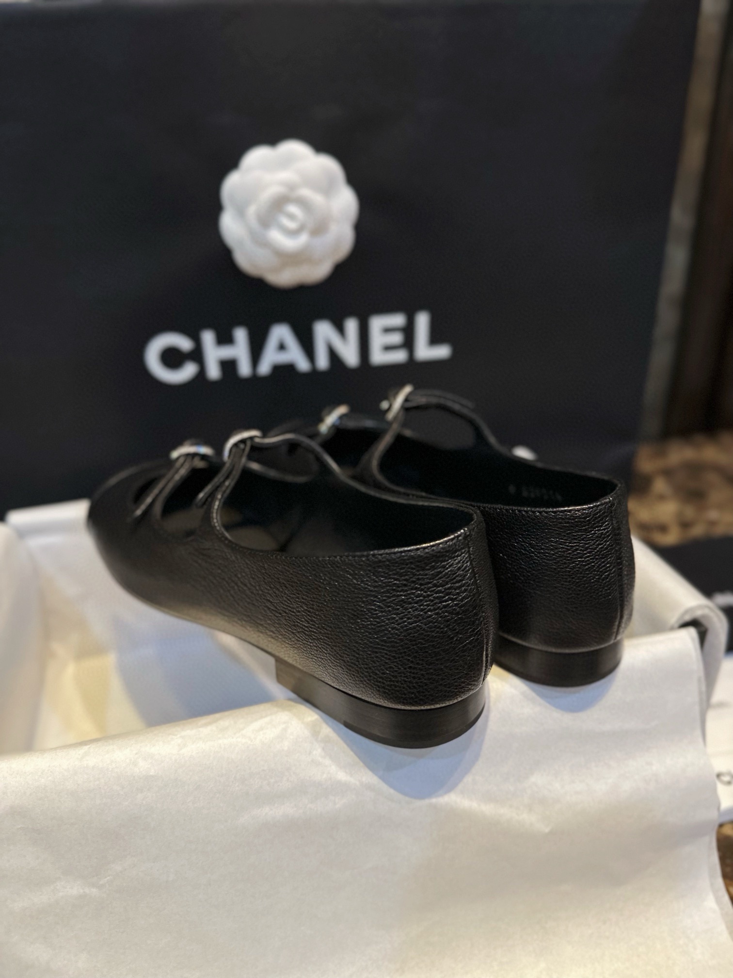 Chanel Double Strap Rhinestone Mary Janes - Black Pine Goat Leather Combined with Fine Lamb Leather