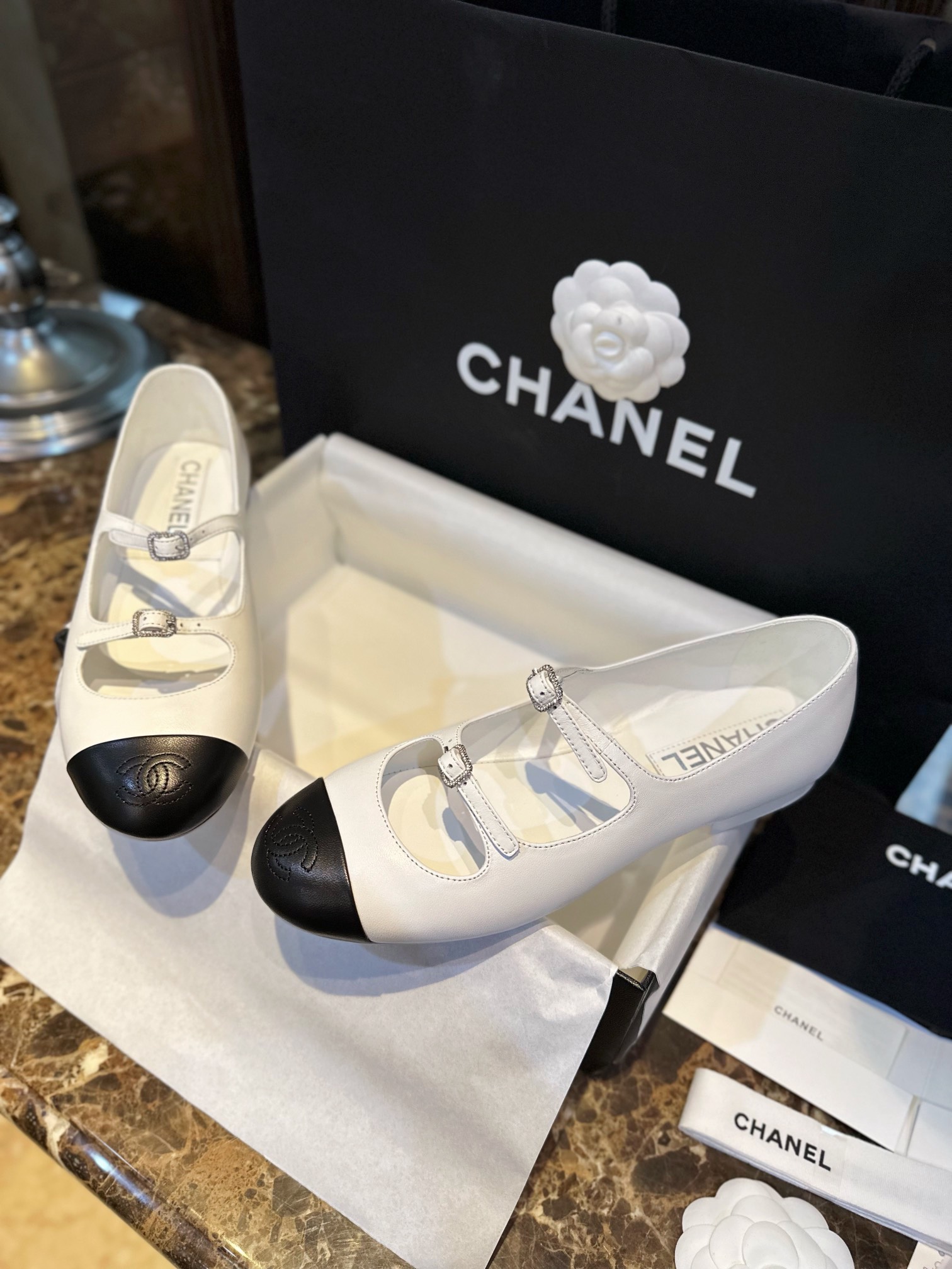 Chanel Black and White Double Strap Rhinestone Mary Janes, Black and White Goat Leather with White Genuine Leather Sole