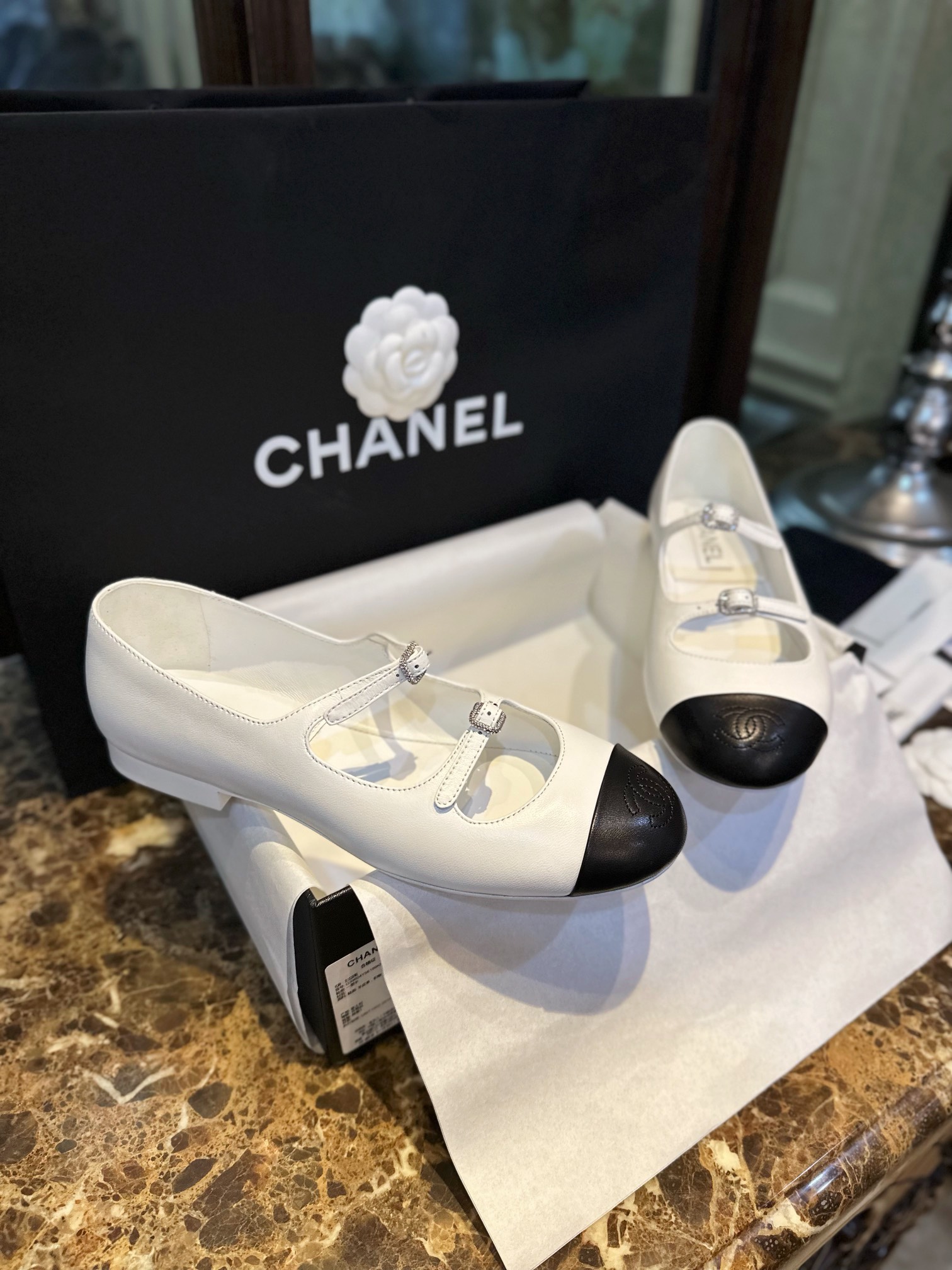 Chanel Black and White Double Strap Rhinestone Mary Janes, Black and White Goat Leather with White Genuine Leather Sole