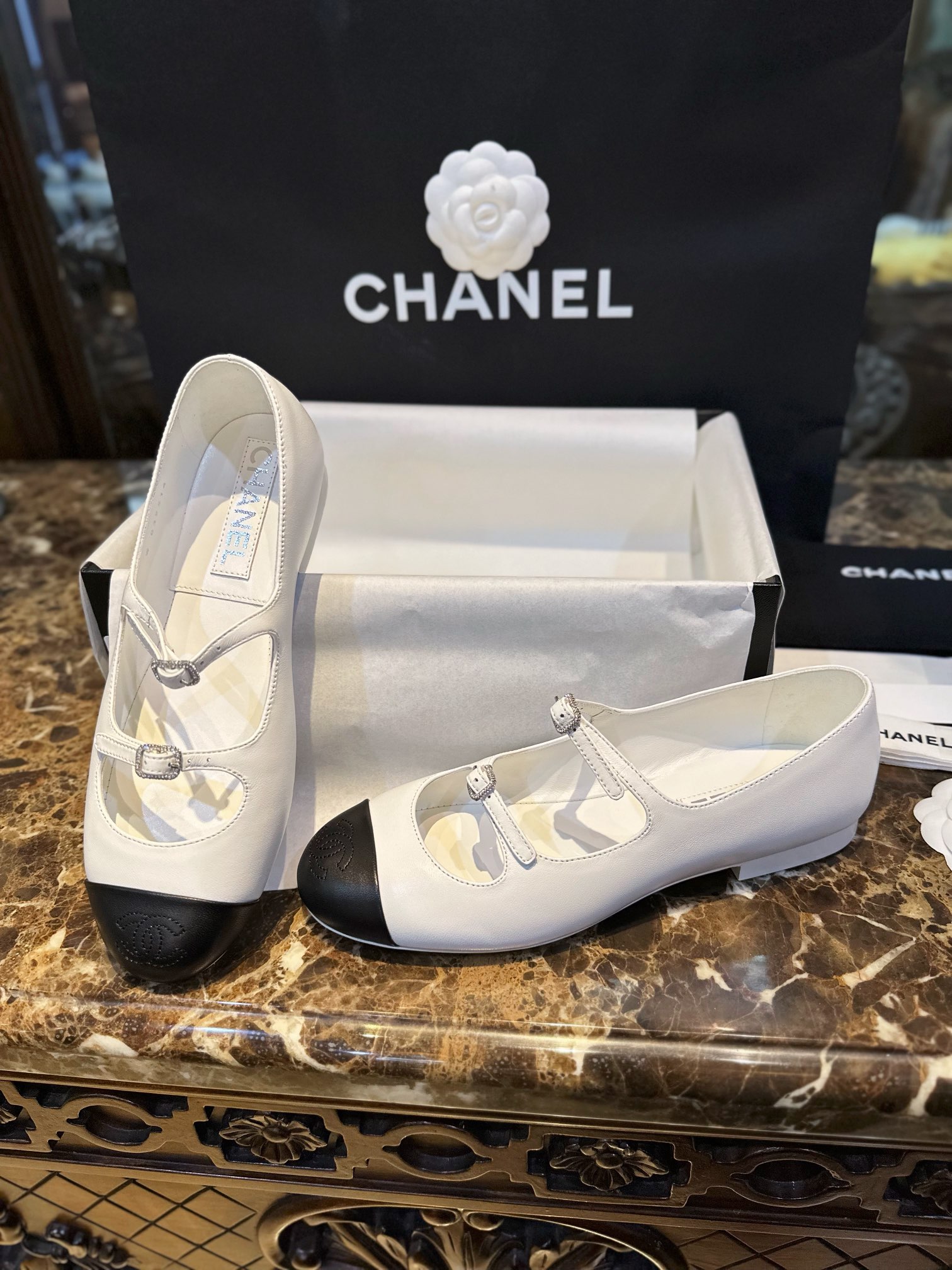 Chanel Black and White Double Strap Rhinestone Mary Janes, Black and White Goat Leather with White Genuine Leather Sole