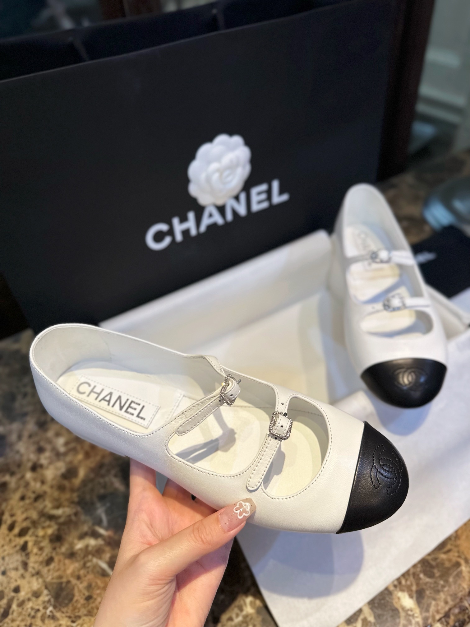 Chanel Black and White Double Strap Rhinestone Mary Janes, Black and White Goat Leather with White Genuine Leather Sole