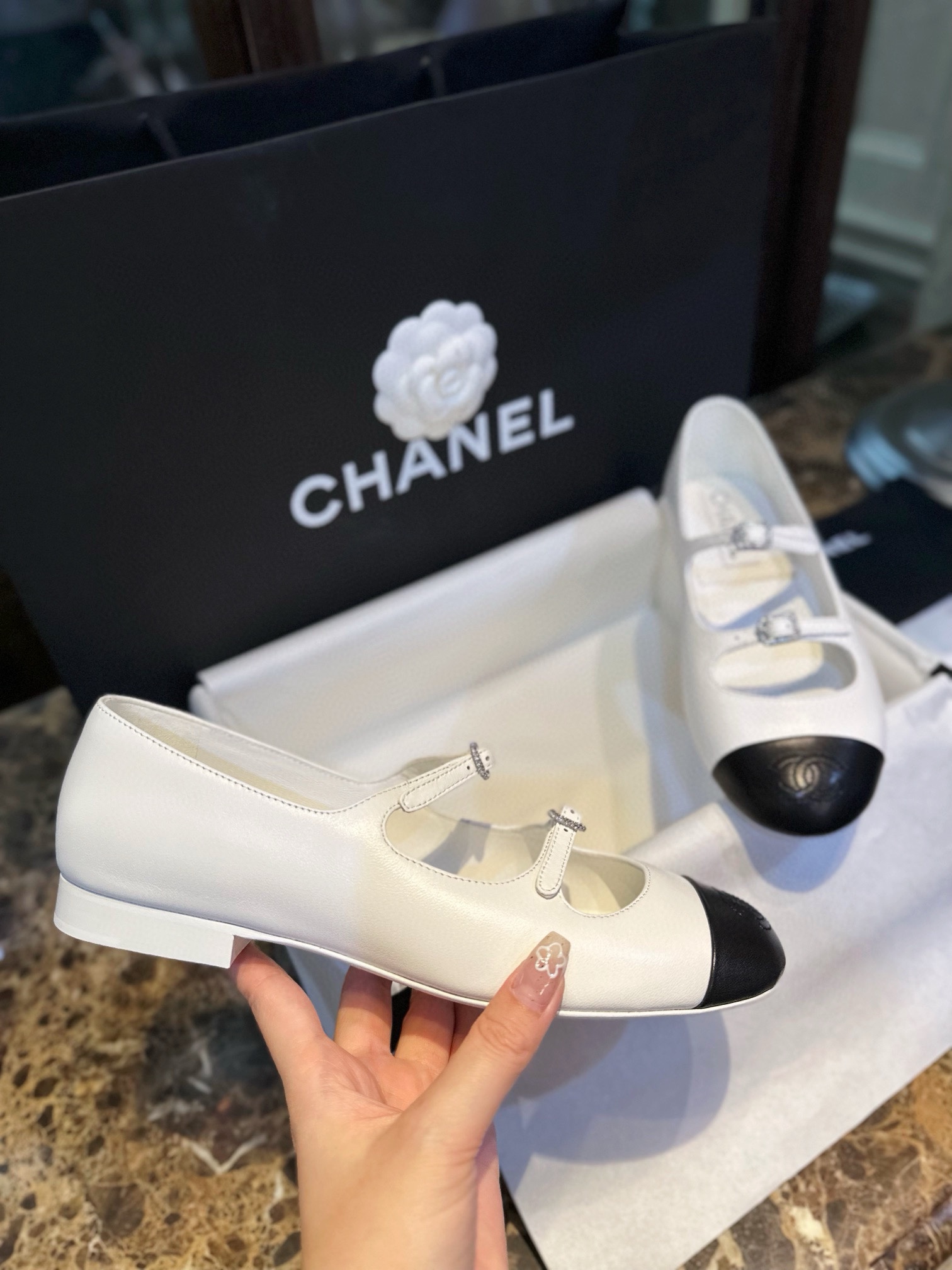 Chanel Black and White Double Strap Rhinestone Mary Janes, Black and White Goat Leather with White Genuine Leather Sole