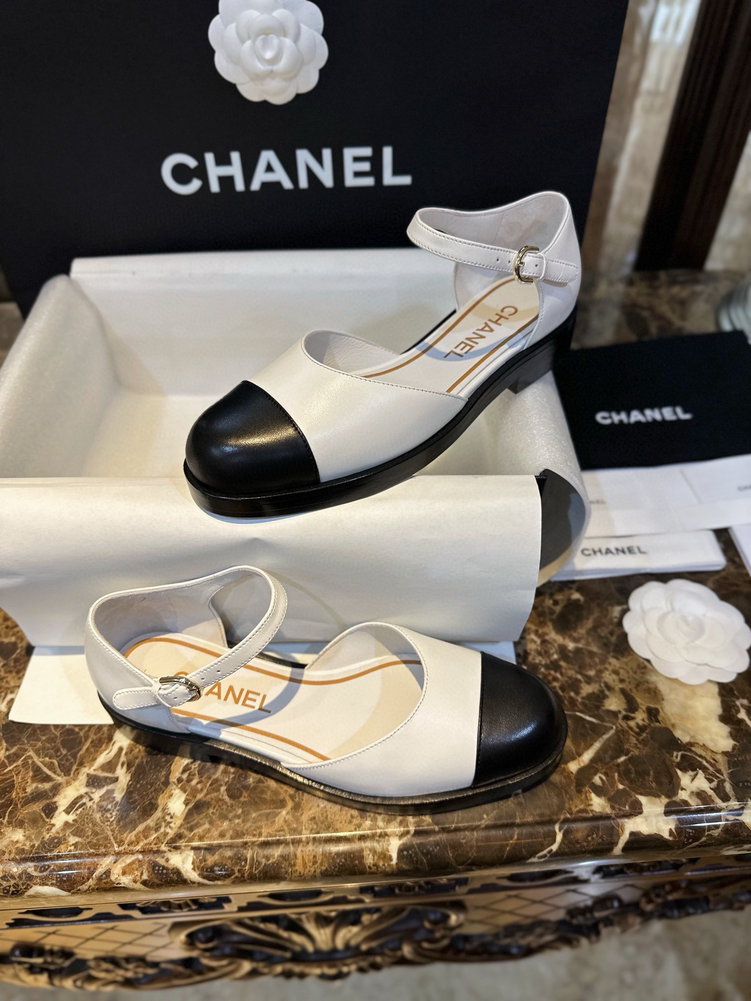 Chanel Platinum Mary Jane Lace-Up Shoes - European Vintage Charm with White and Black Goat Leather Combination