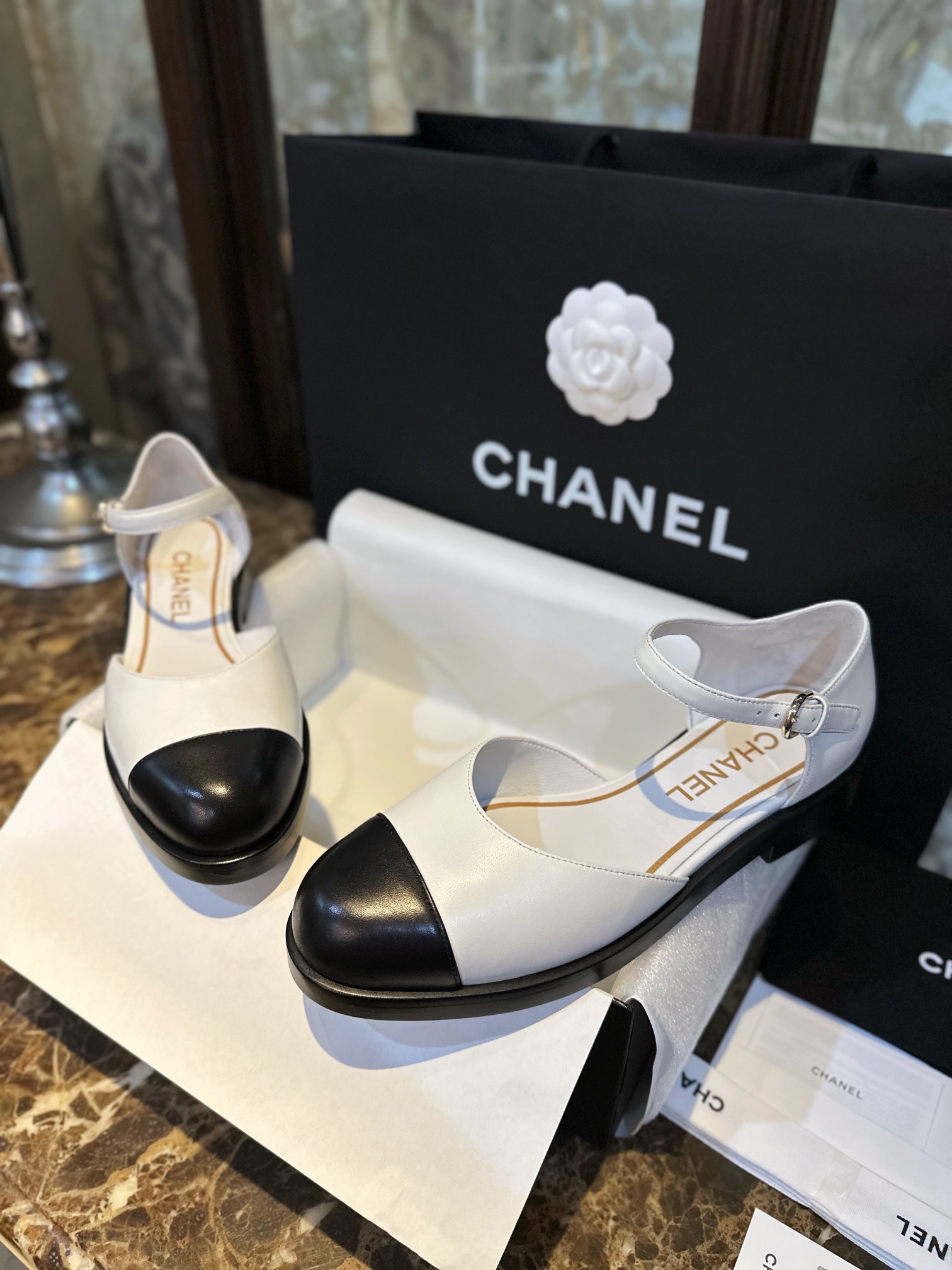 Chanel Platinum Mary Jane Lace-Up Shoes - European Vintage Charm with White and Black Goat Leather Combination