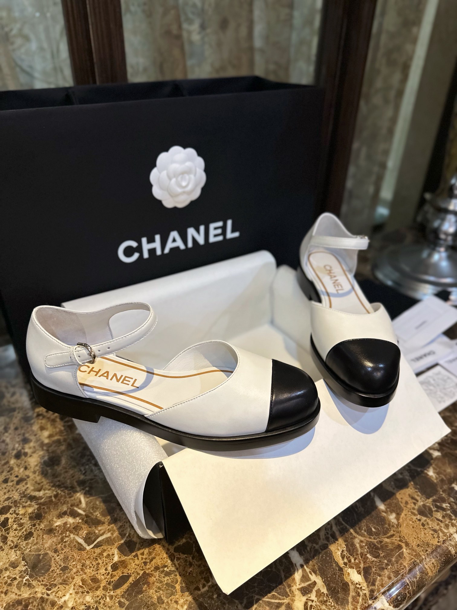 Chanel Platinum Mary Jane Lace-Up Shoes - European Vintage Charm with White and Black Goat Leather Combination