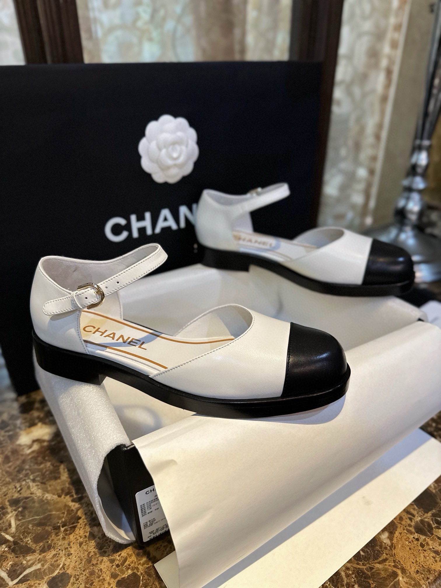 Chanel Platinum Mary Jane Lace-Up Shoes - European Vintage Charm with White and Black Goat Leather Combination