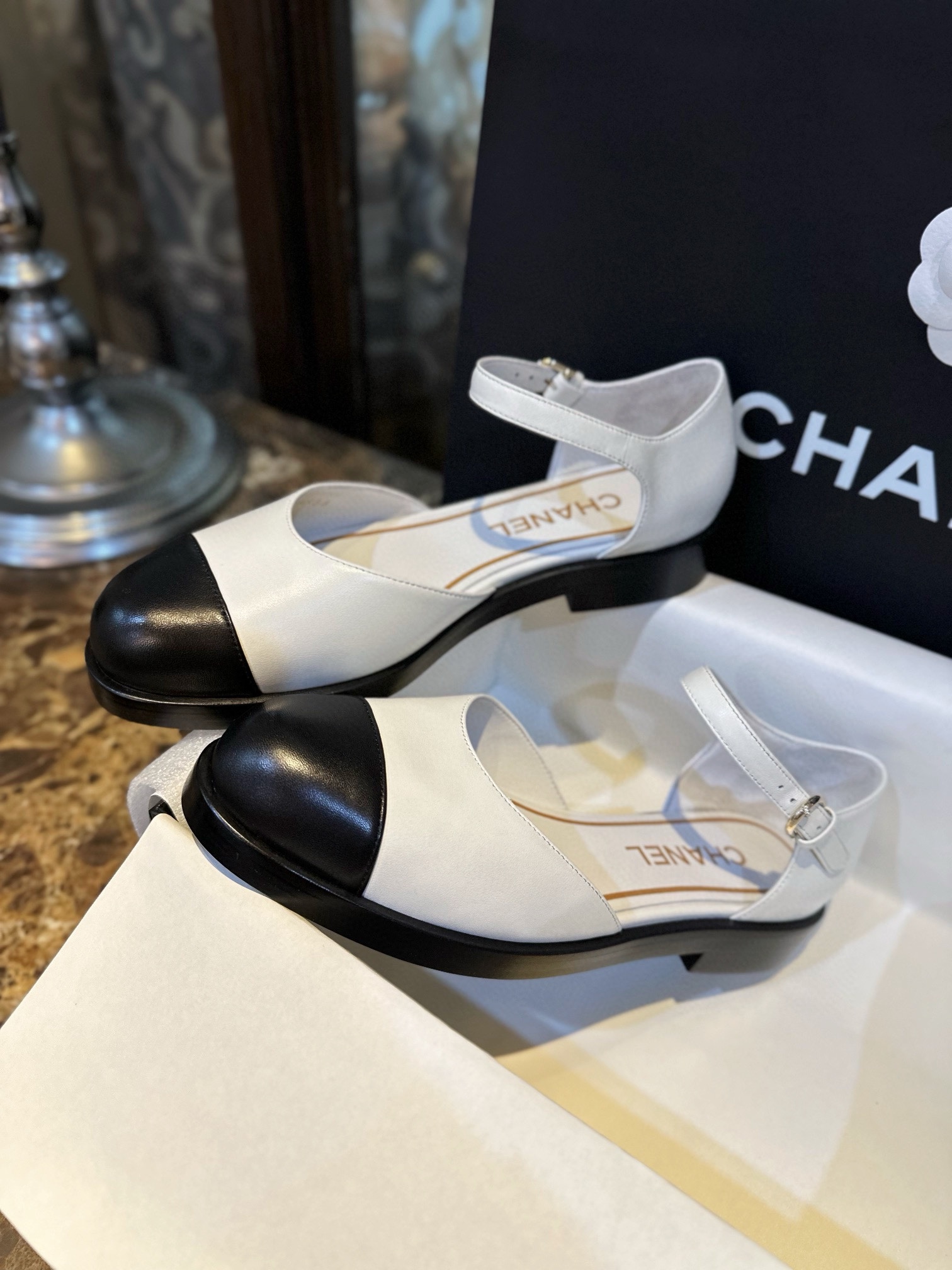 Chanel Platinum Mary Jane Lace-Up Shoes - European Vintage Charm with White and Black Goat Leather Combination