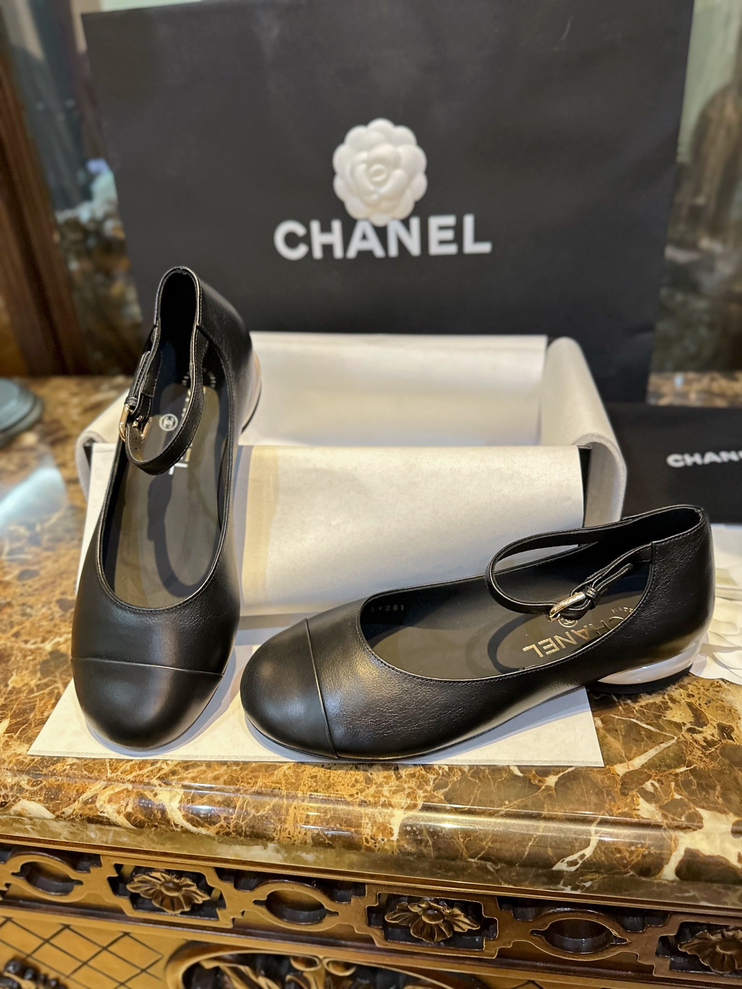 Chanel Black Mary Jane with Pearl Heels, Impeccable Design with Imported Burst Crackle Effect Calf Leather 