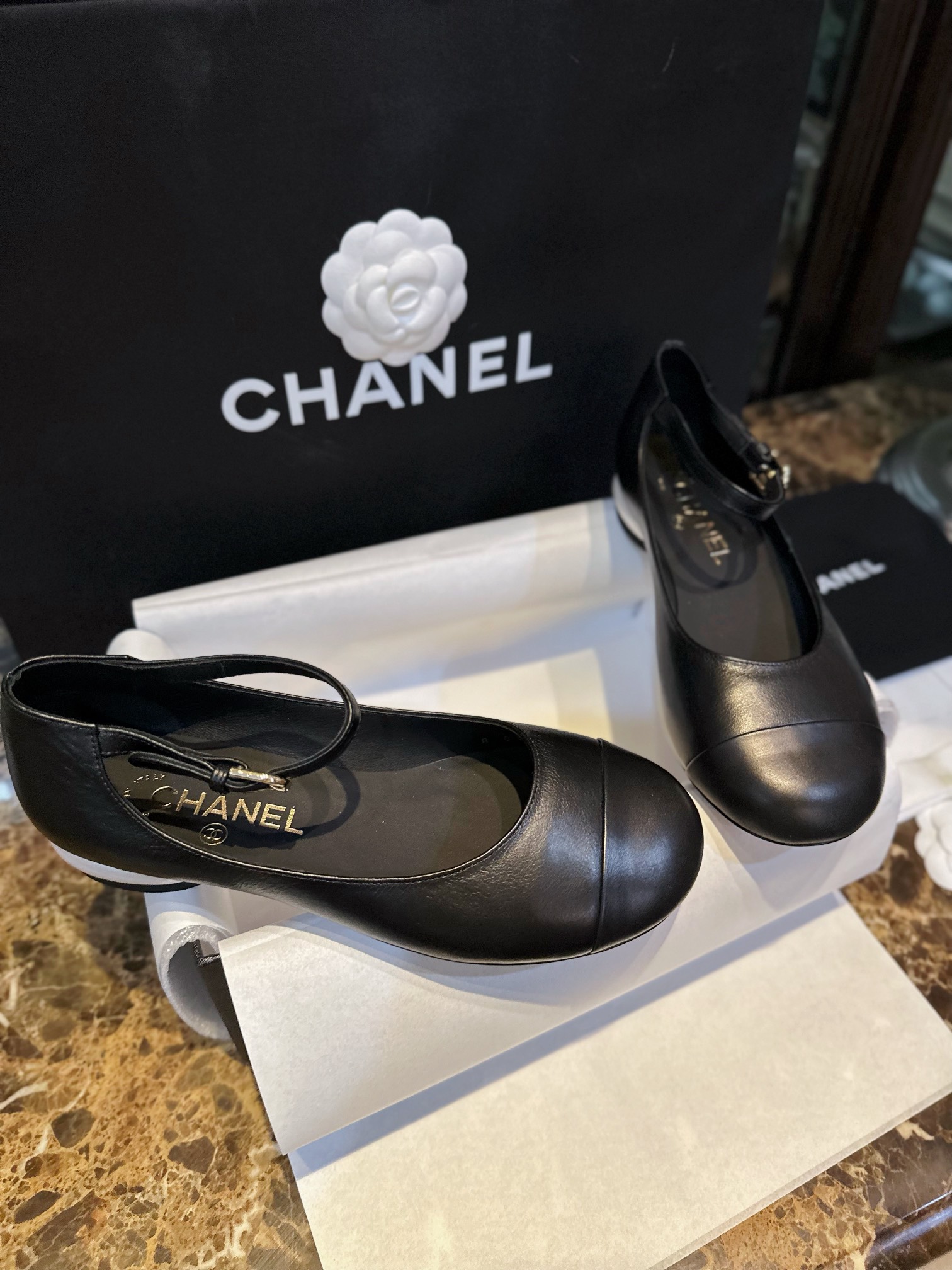 Chanel Black Mary Jane with Pearl Heels, Impeccable Design with Imported Burst Crackle Effect Calf Leather 