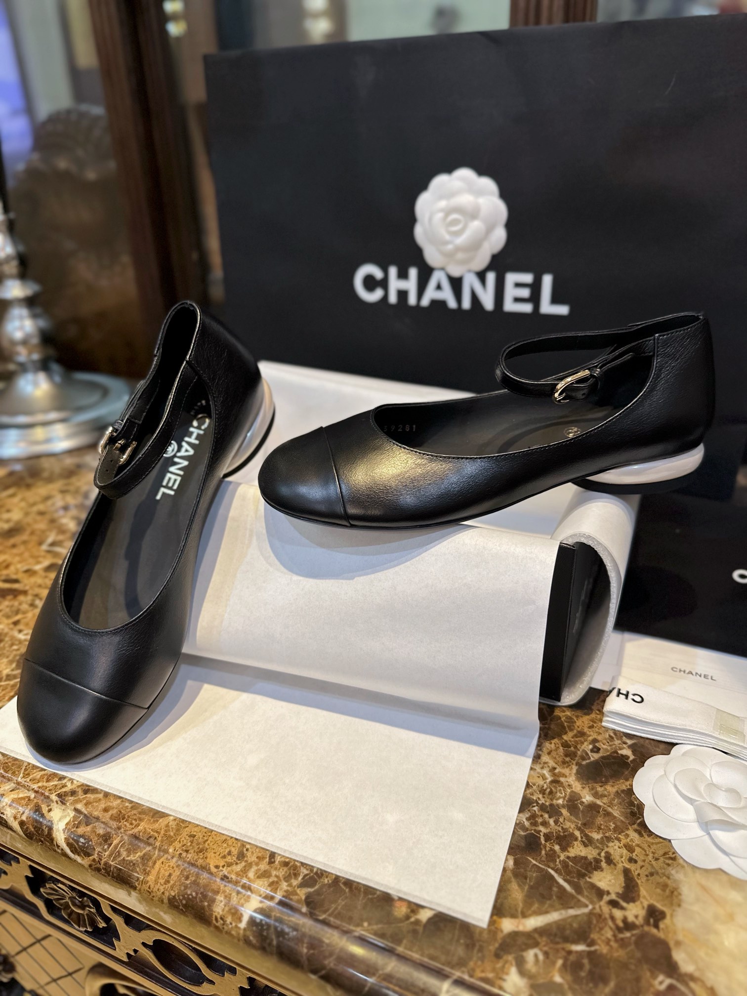 Chanel Black Mary Jane with Pearl Heels, Impeccable Design with Imported Burst Crackle Effect Calf Leather 