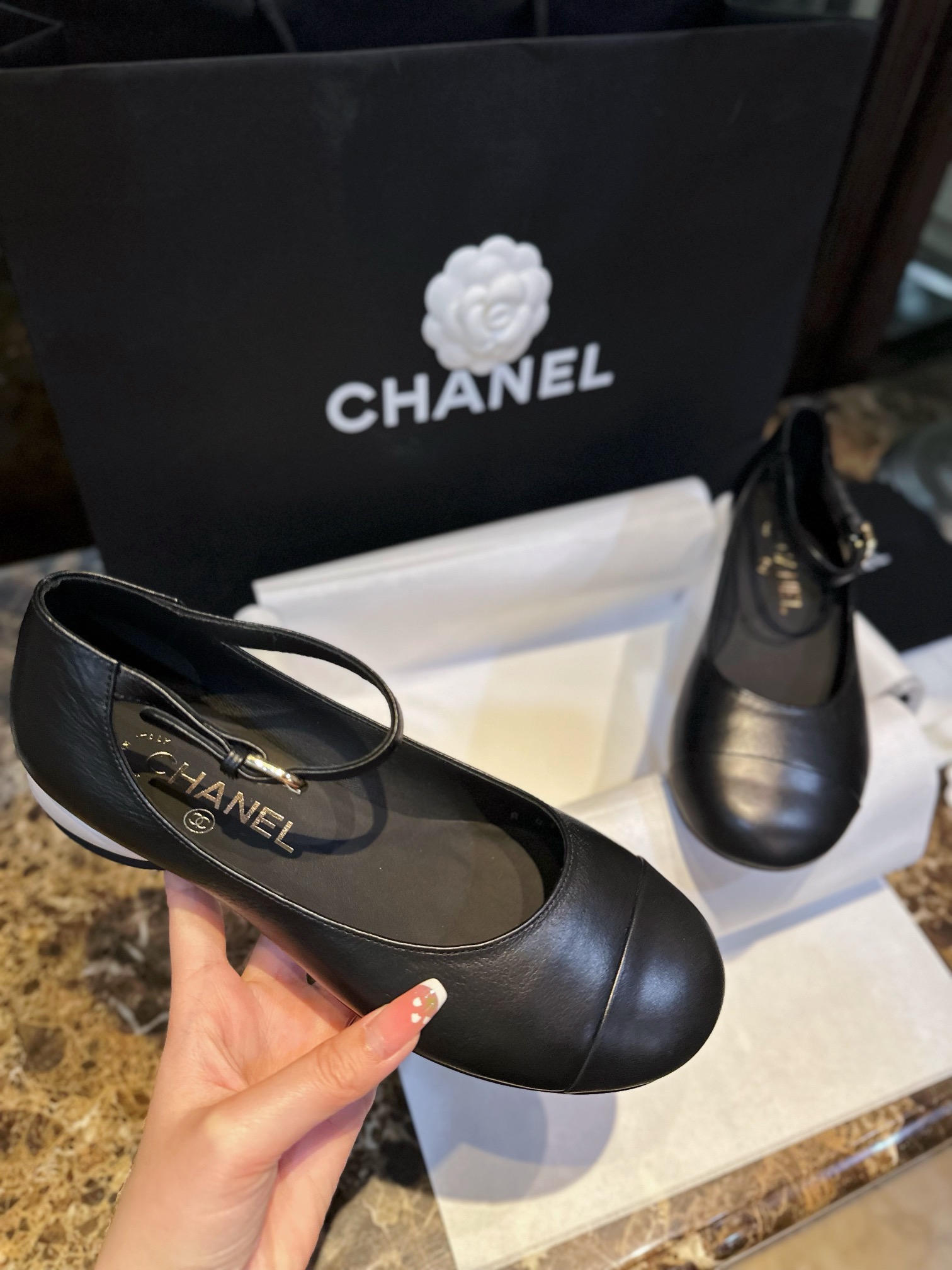 Chanel Black Mary Jane with Pearl Heels, Impeccable Design with Imported Burst Crackle Effect Calf Leather 