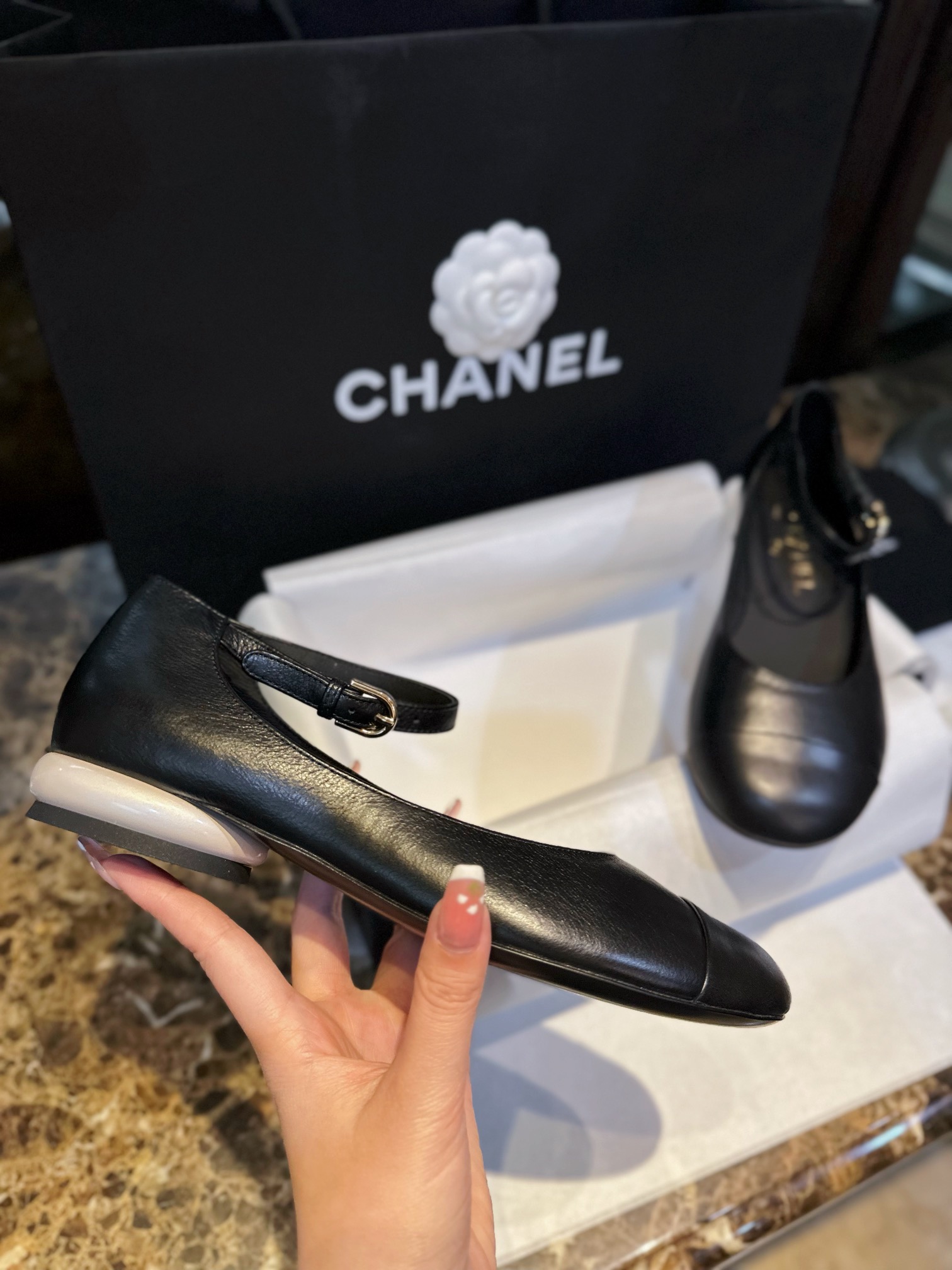 Chanel Black Mary Jane with Pearl Heels, Impeccable Design with Imported Burst Crackle Effect Calf Leather 