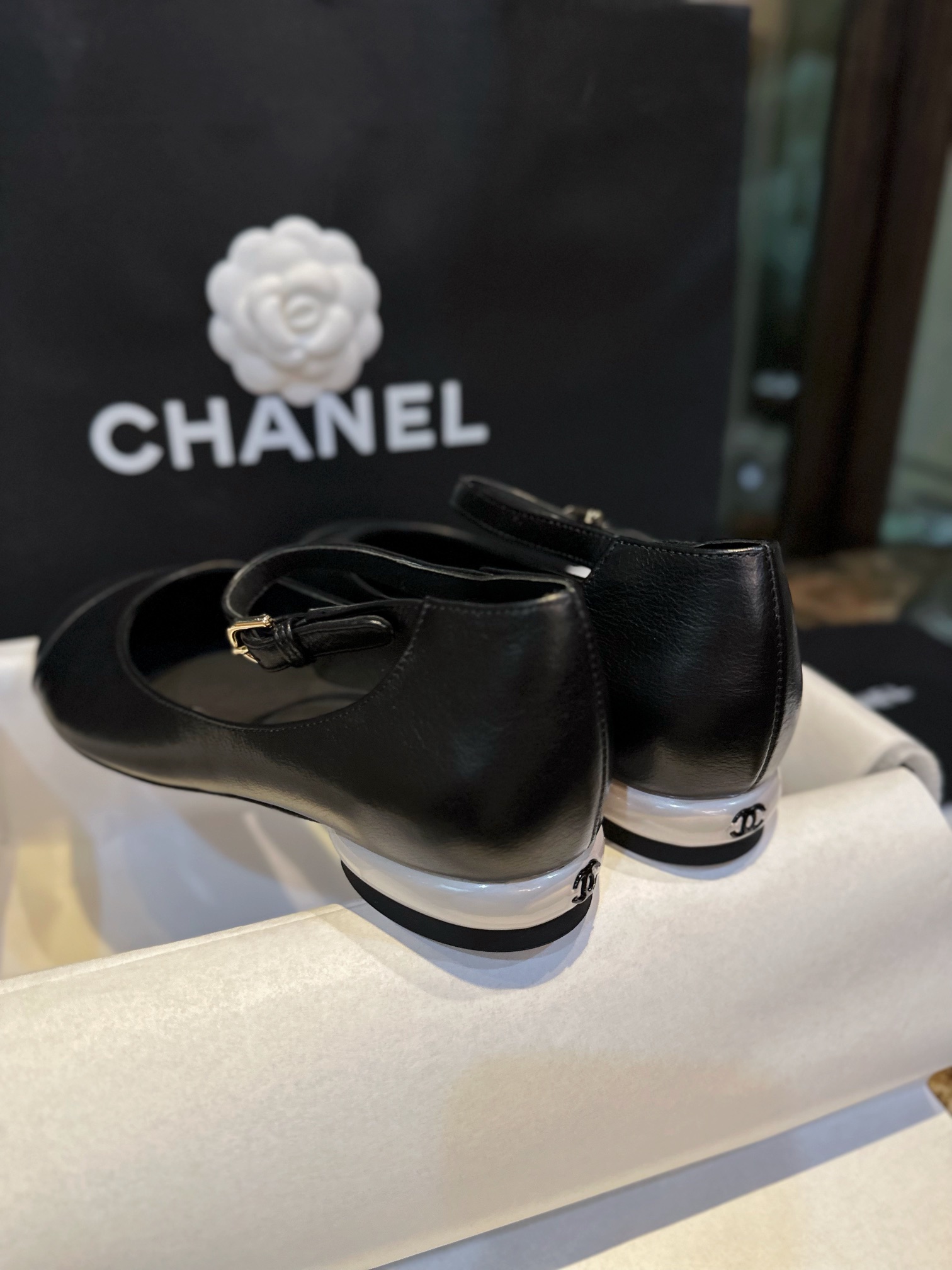 Chanel Black Mary Jane with Pearl Heels, Impeccable Design with Imported Burst Crackle Effect Calf Leather 