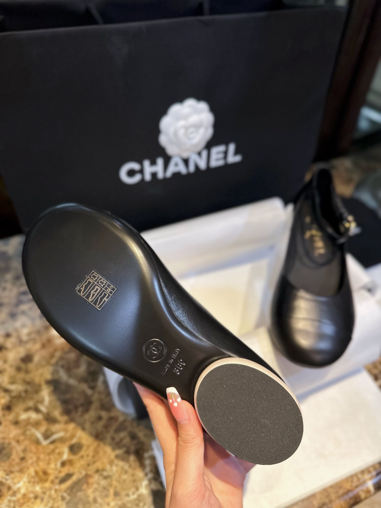 Chanel Black Mary Jane with Pearl Heels, Impeccable Design with Imported Burst Crackle Effect Calf Leather 