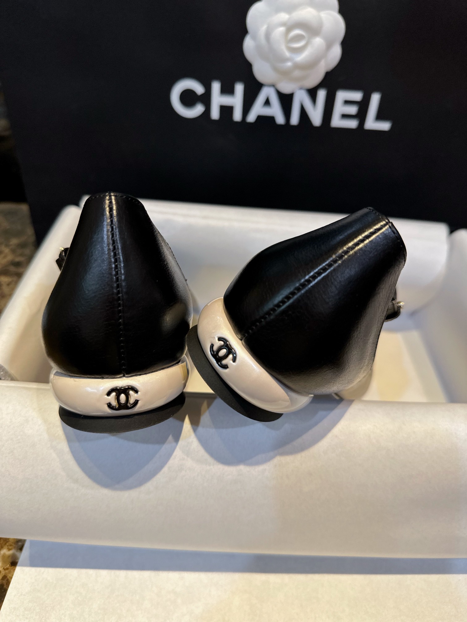 Chanel Black Mary Jane with Pearl Heels, Impeccable Design with Imported Burst Crackle Effect Calf Leather 