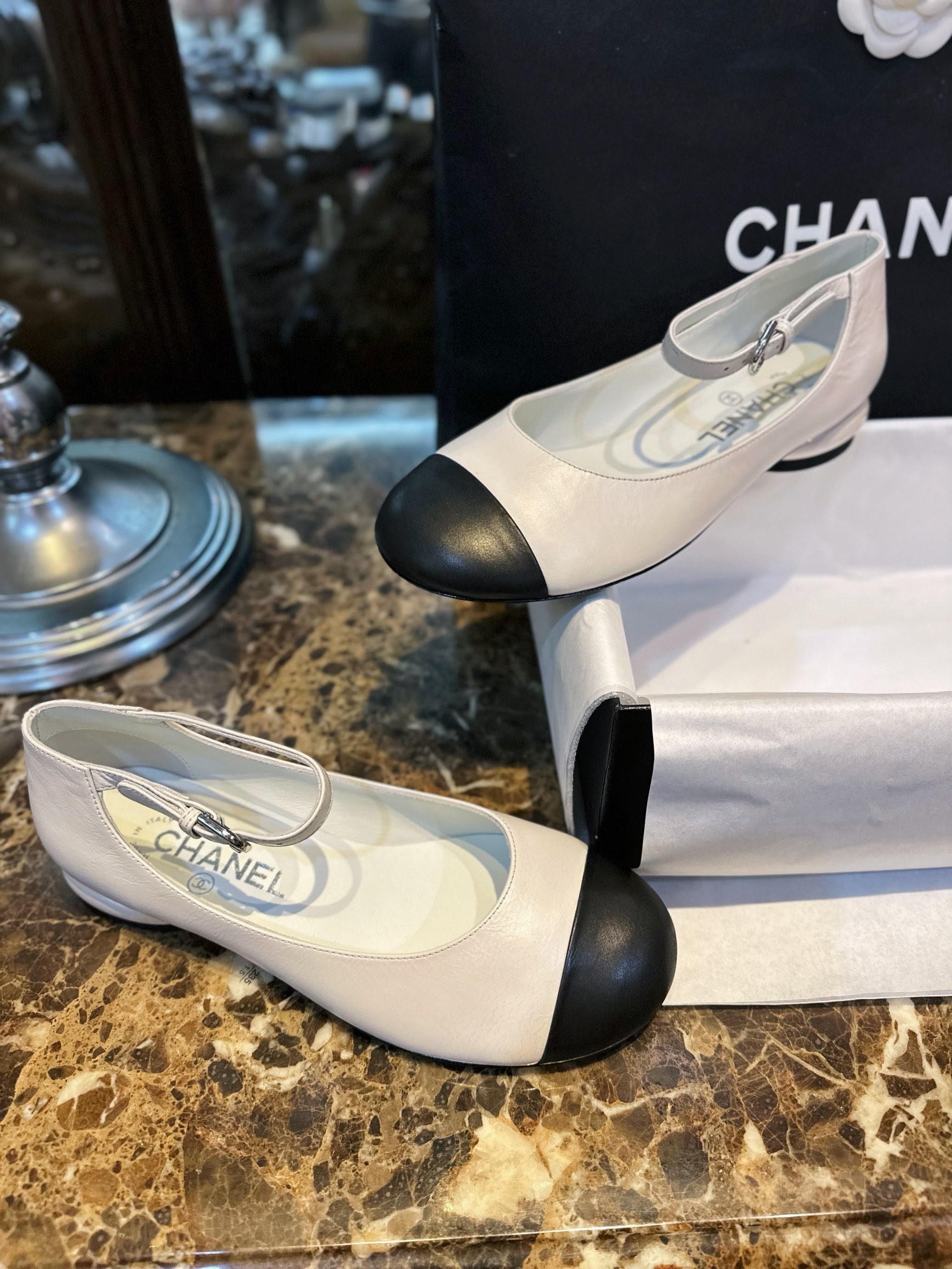 Chanel Black and White Pearl Mary Janes - Luxurious Black and White Contrast in Waxy Calf Leather, Round Toe for Youthful Look, Pearl-textured Small Heels with Exquisite Logo Detail, 