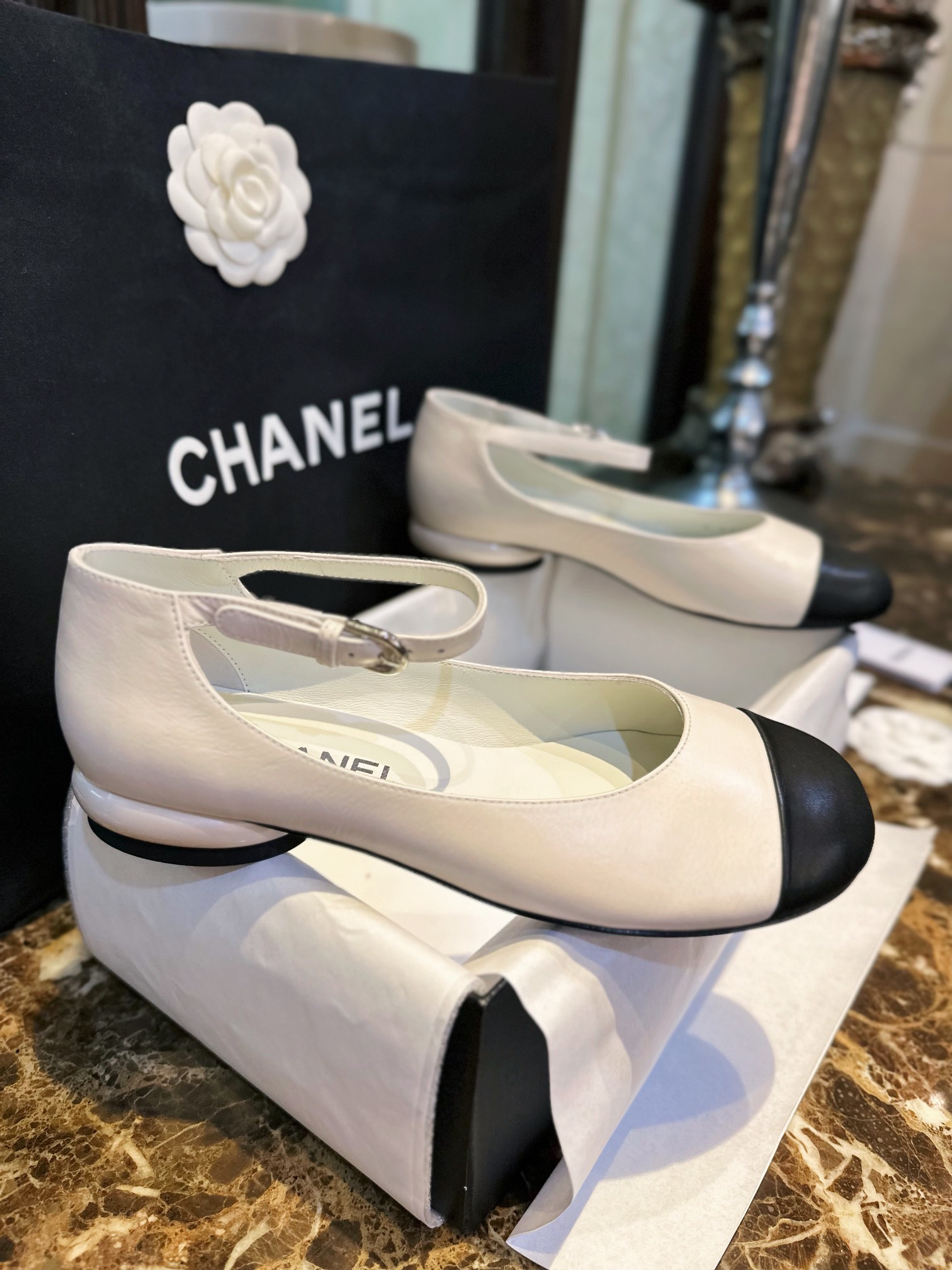 Chanel Black and White Pearl Mary Janes - Luxurious Black and White Contrast in Waxy Calf Leather, Round Toe for Youthful Look, Pearl-textured Small Heels with Exquisite Logo Detail, 