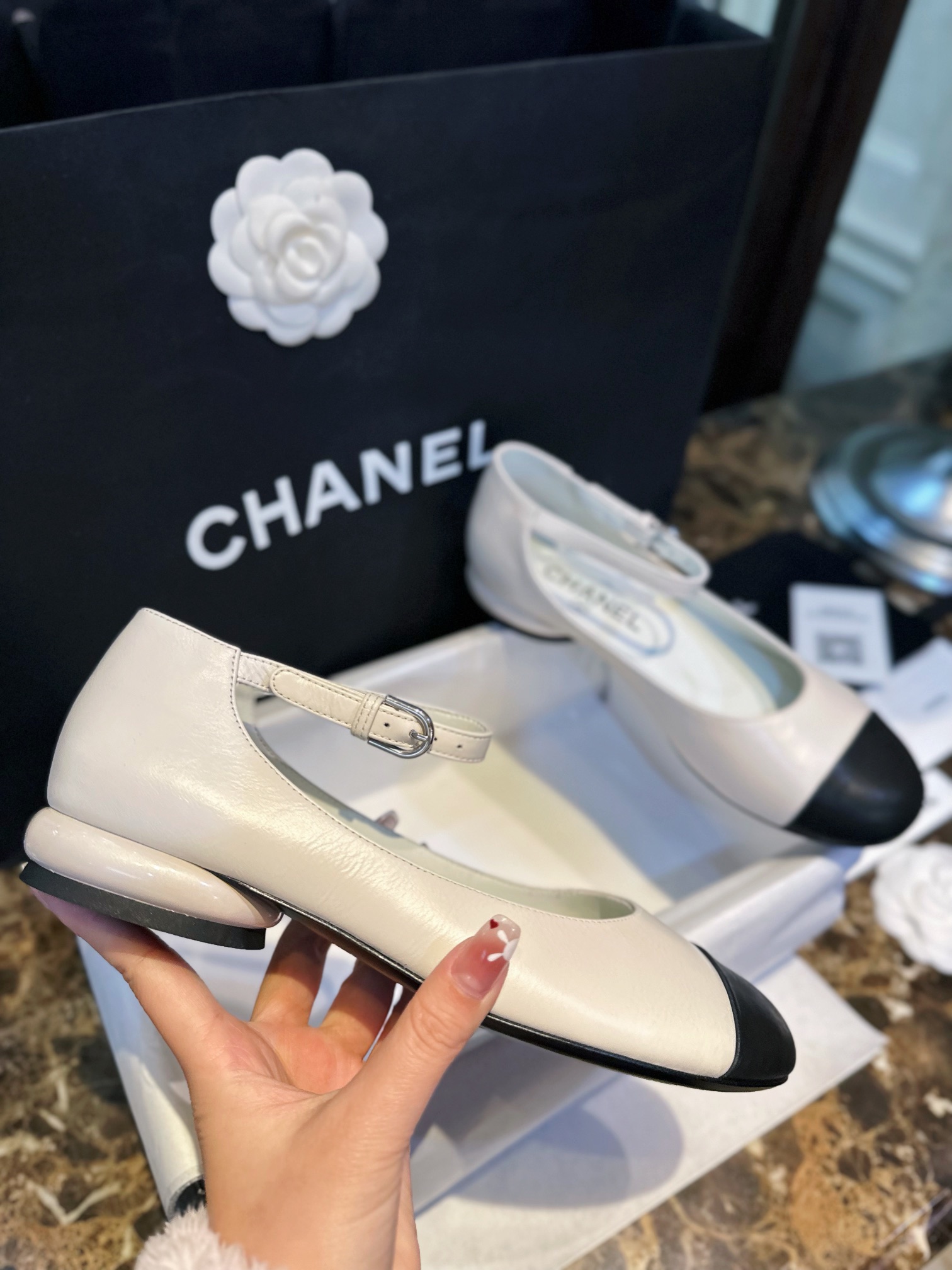 Chanel Black and White Pearl Mary Janes - Luxurious Black and White Contrast in Waxy Calf Leather, Round Toe for Youthful Look, Pearl-textured Small Heels with Exquisite Logo Detail, 