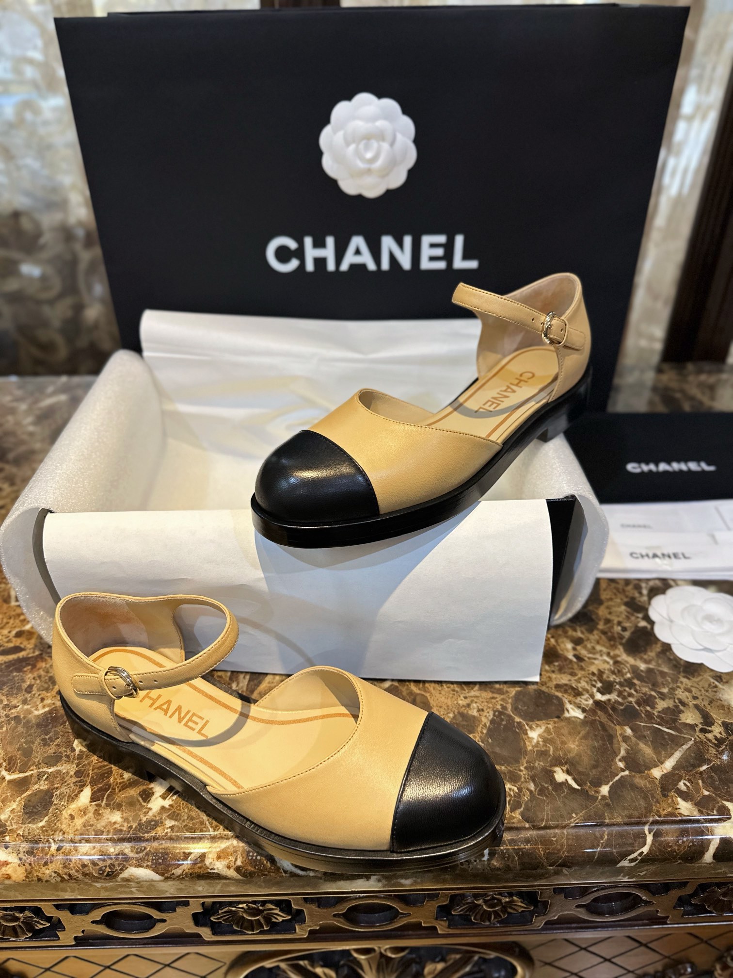 Chanel Apricot Mary Jane Lace-Up Shoes 