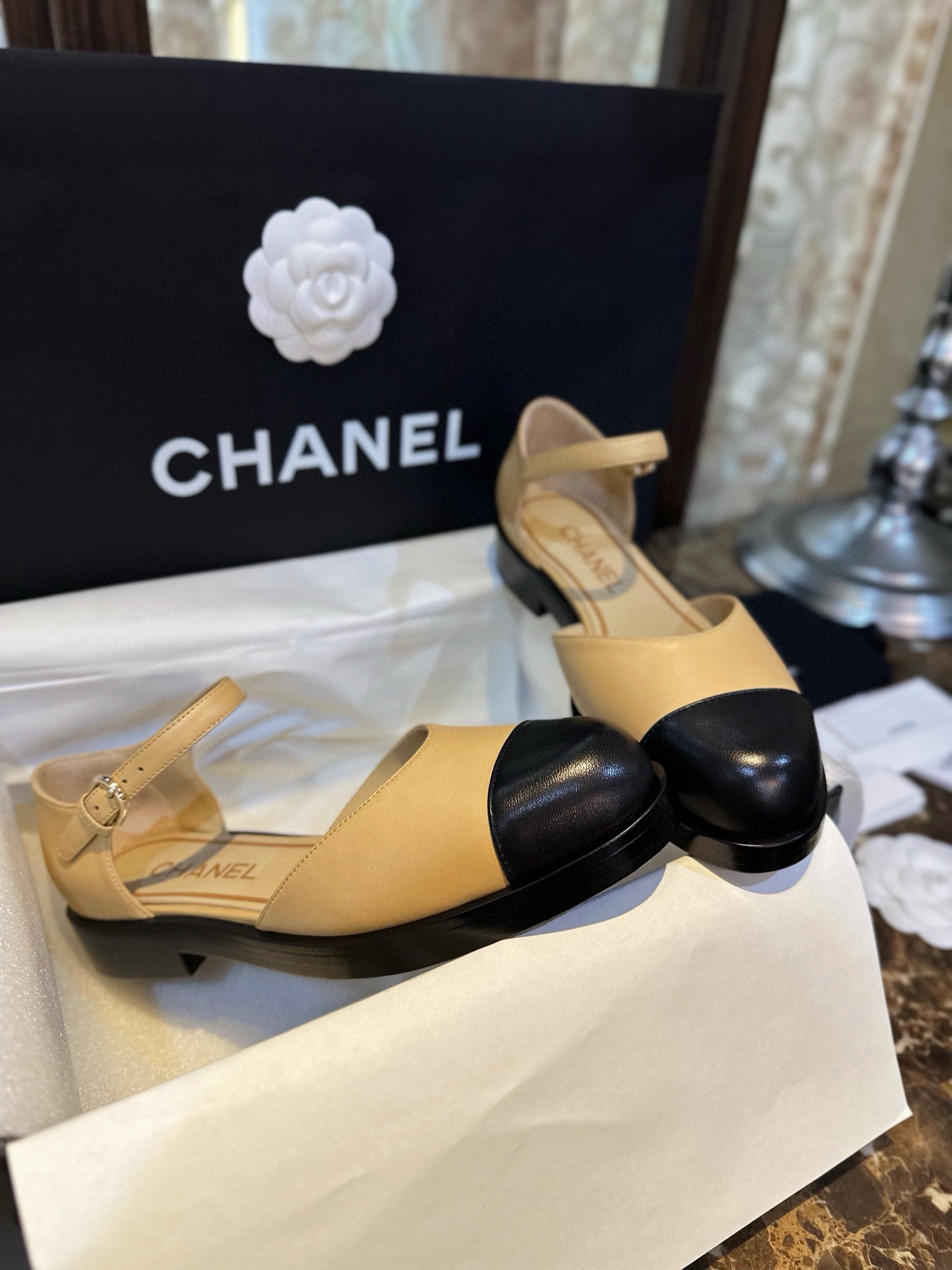 Chanel Apricot Mary Jane Lace-Up Shoes 