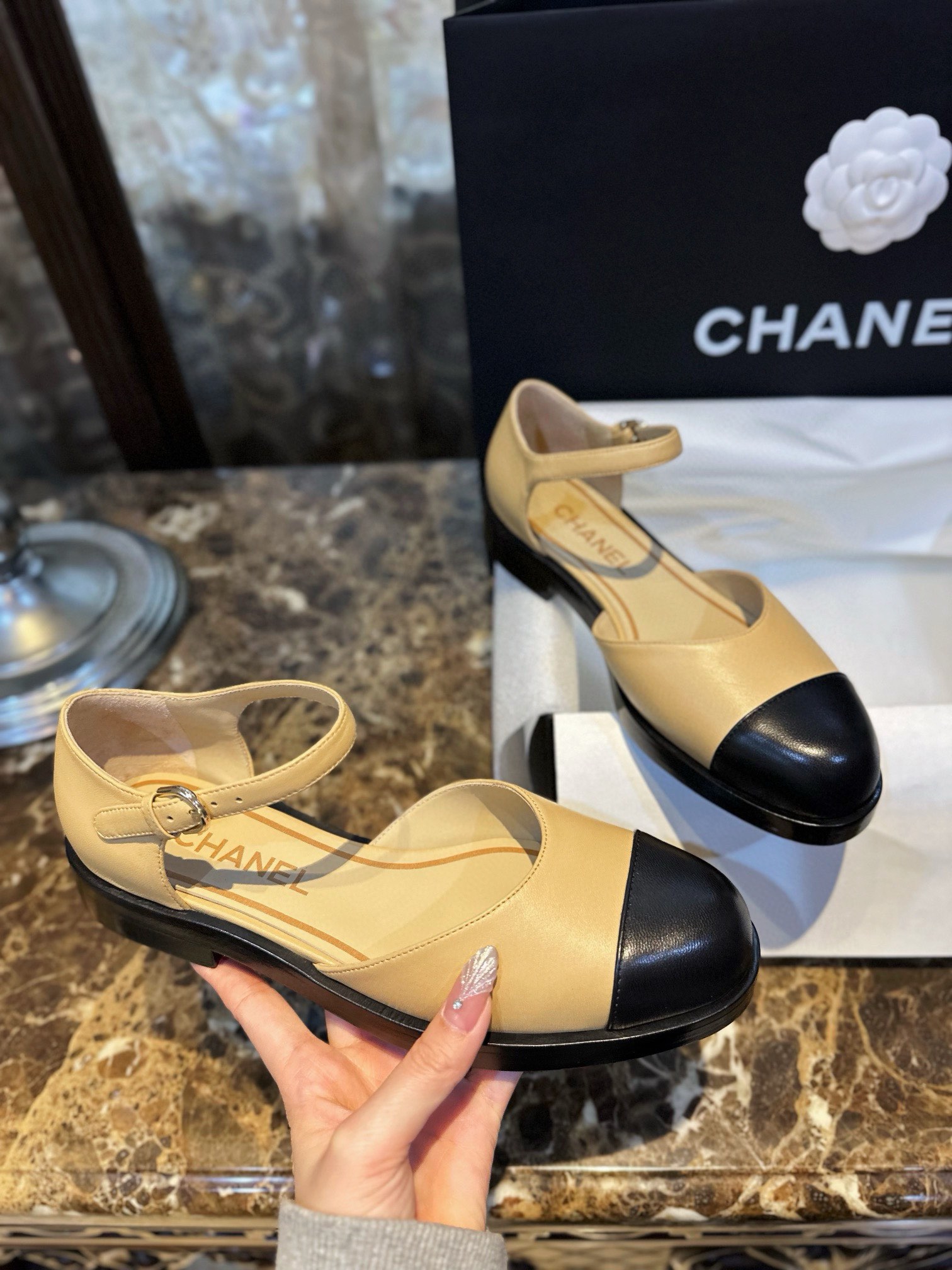 Chanel Apricot Mary Jane Lace-Up Shoes 