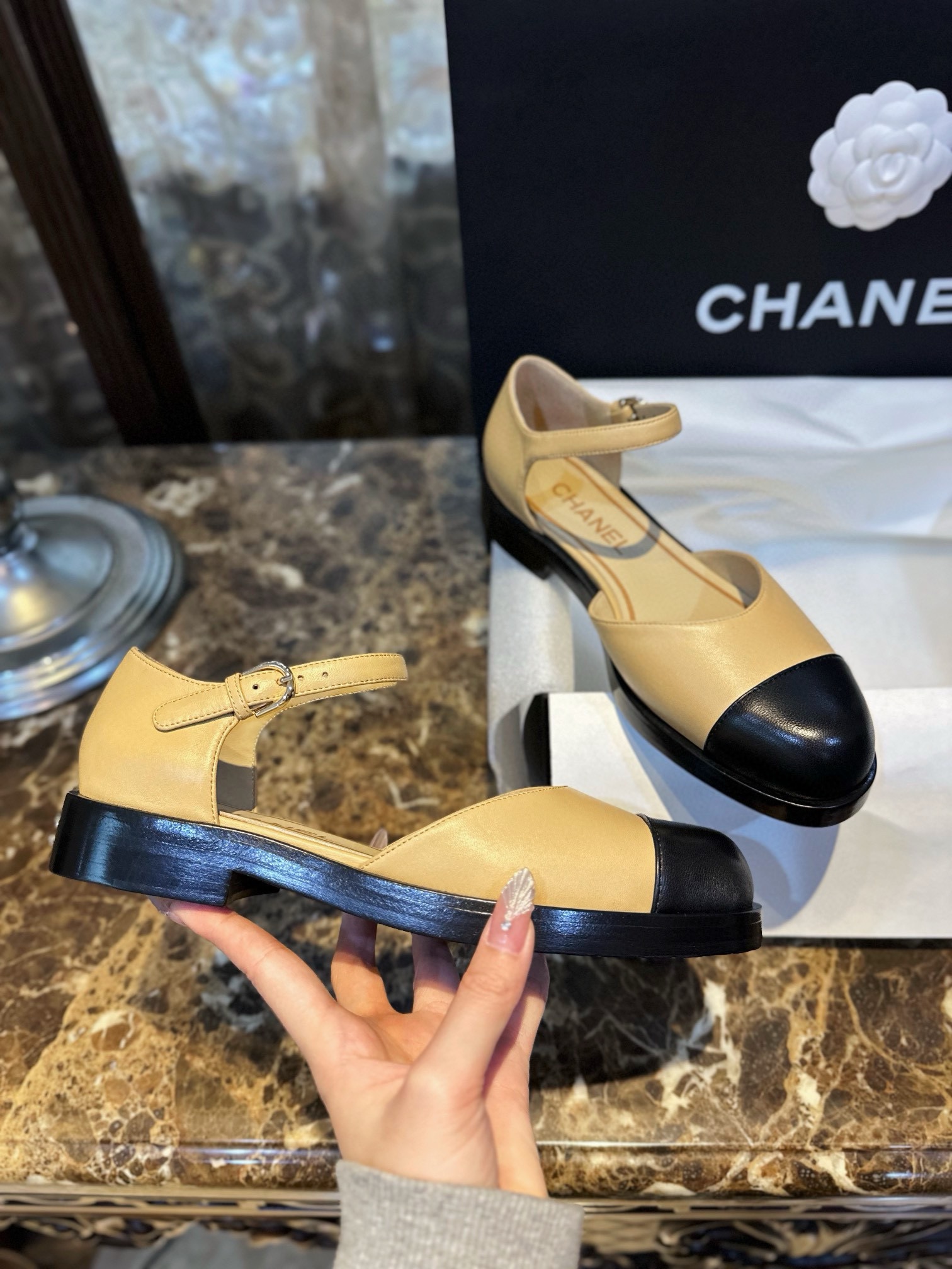 Chanel Apricot Mary Jane Lace-Up Shoes 