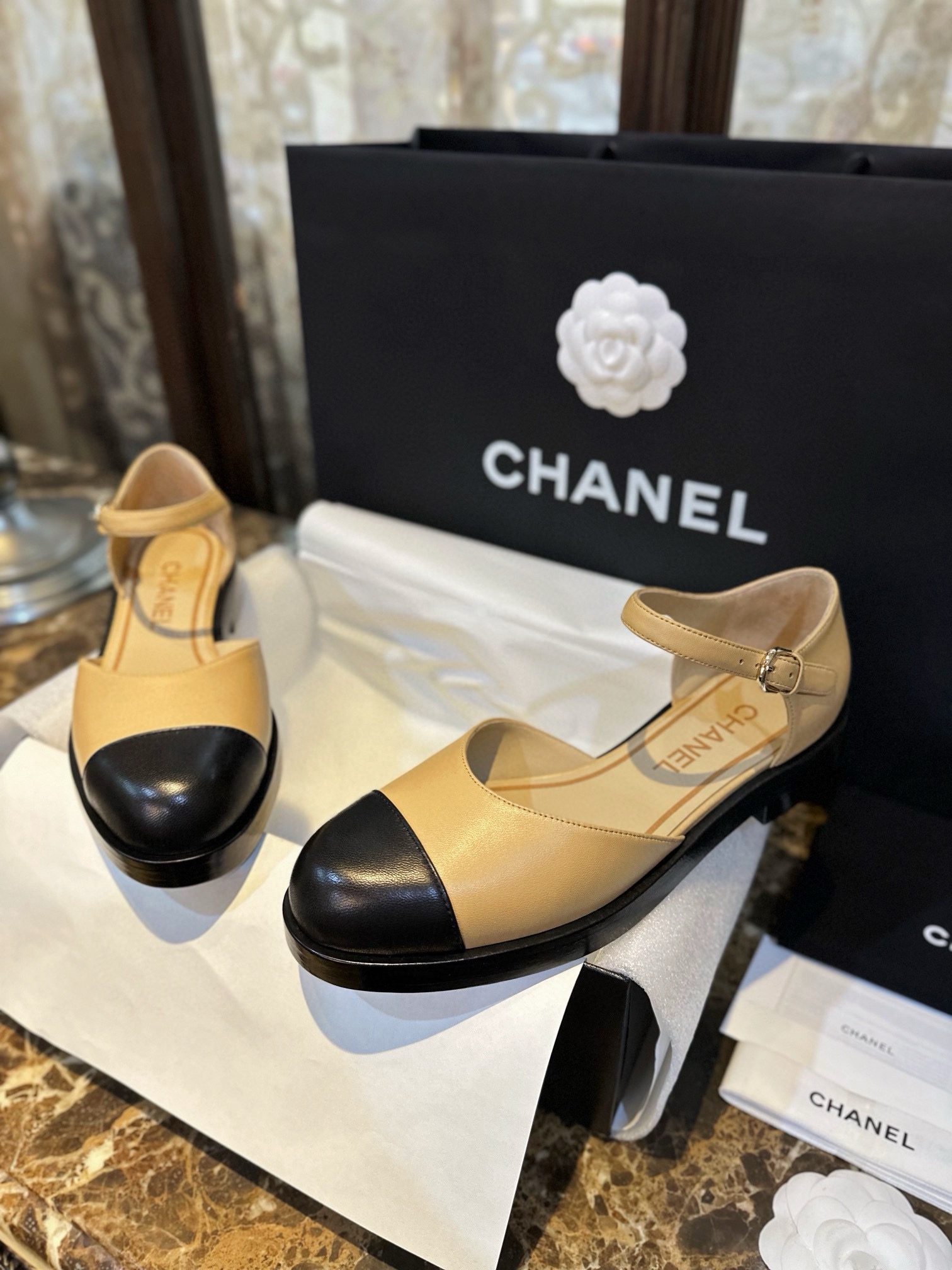 Chanel Apricot Mary Jane Lace-Up Shoes 