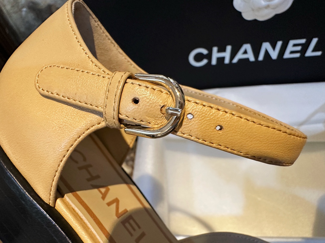 Chanel Apricot Mary Jane Lace-Up Shoes 