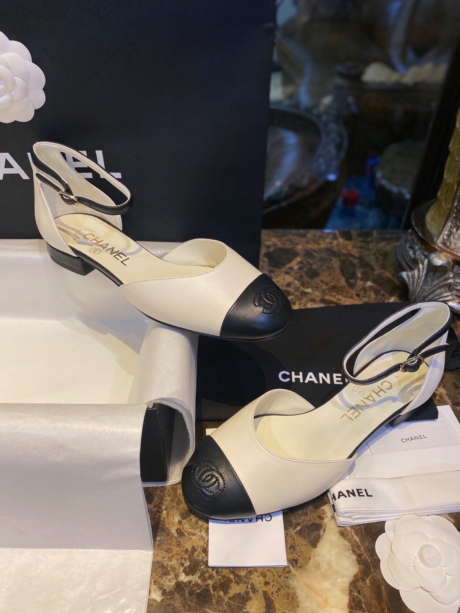 Chanel Black and White Color Block Mary Janes - Premium Feel of Fine Lamb Leather