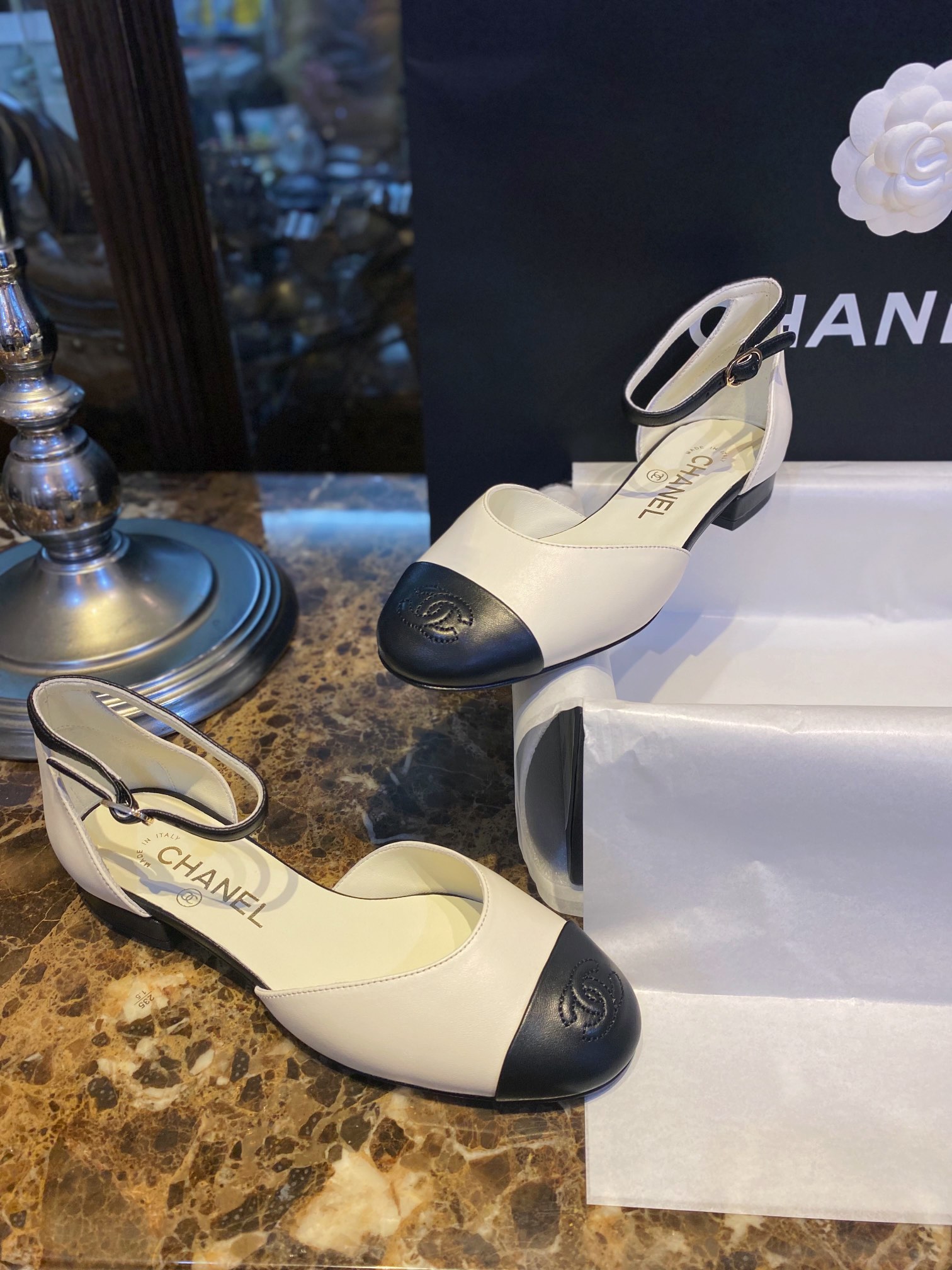 Chanel Black and White Color Block Mary Janes - Premium Feel of Fine Lamb Leather