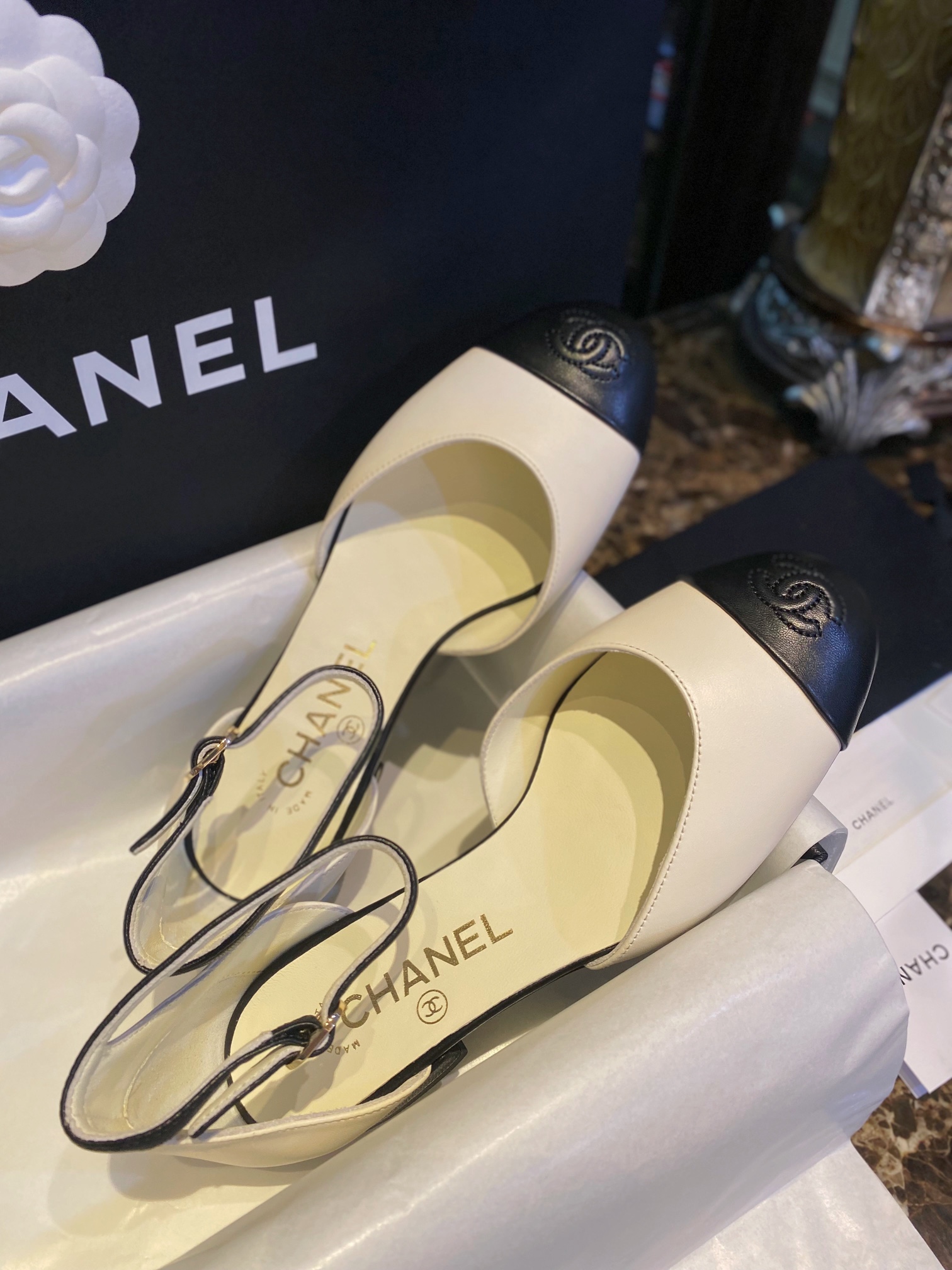 Chanel Black and White Color Block Mary Janes - Premium Feel of Fine Lamb Leather