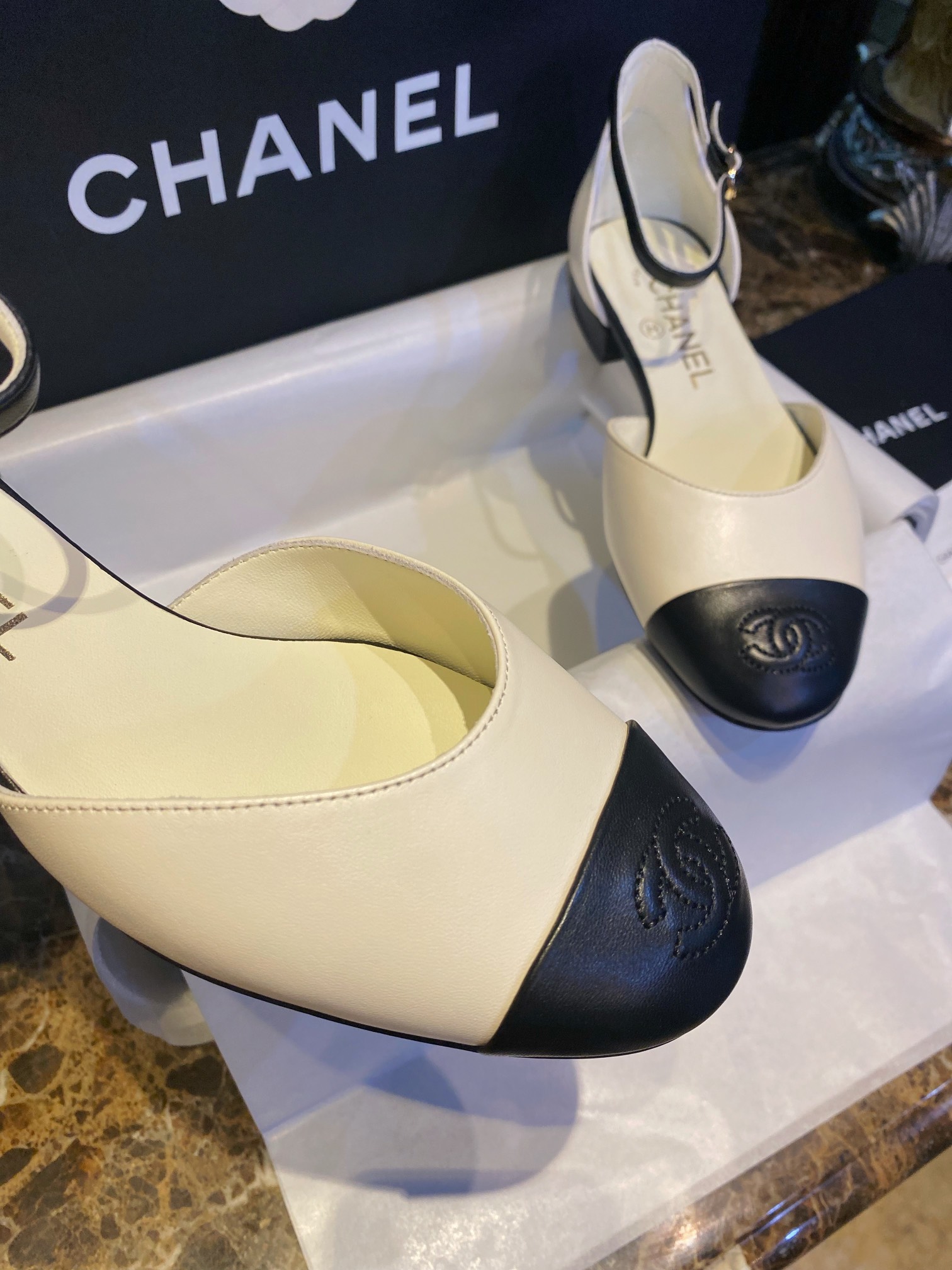 Chanel Black and White Color Block Mary Janes - Premium Feel of Fine Lamb Leather