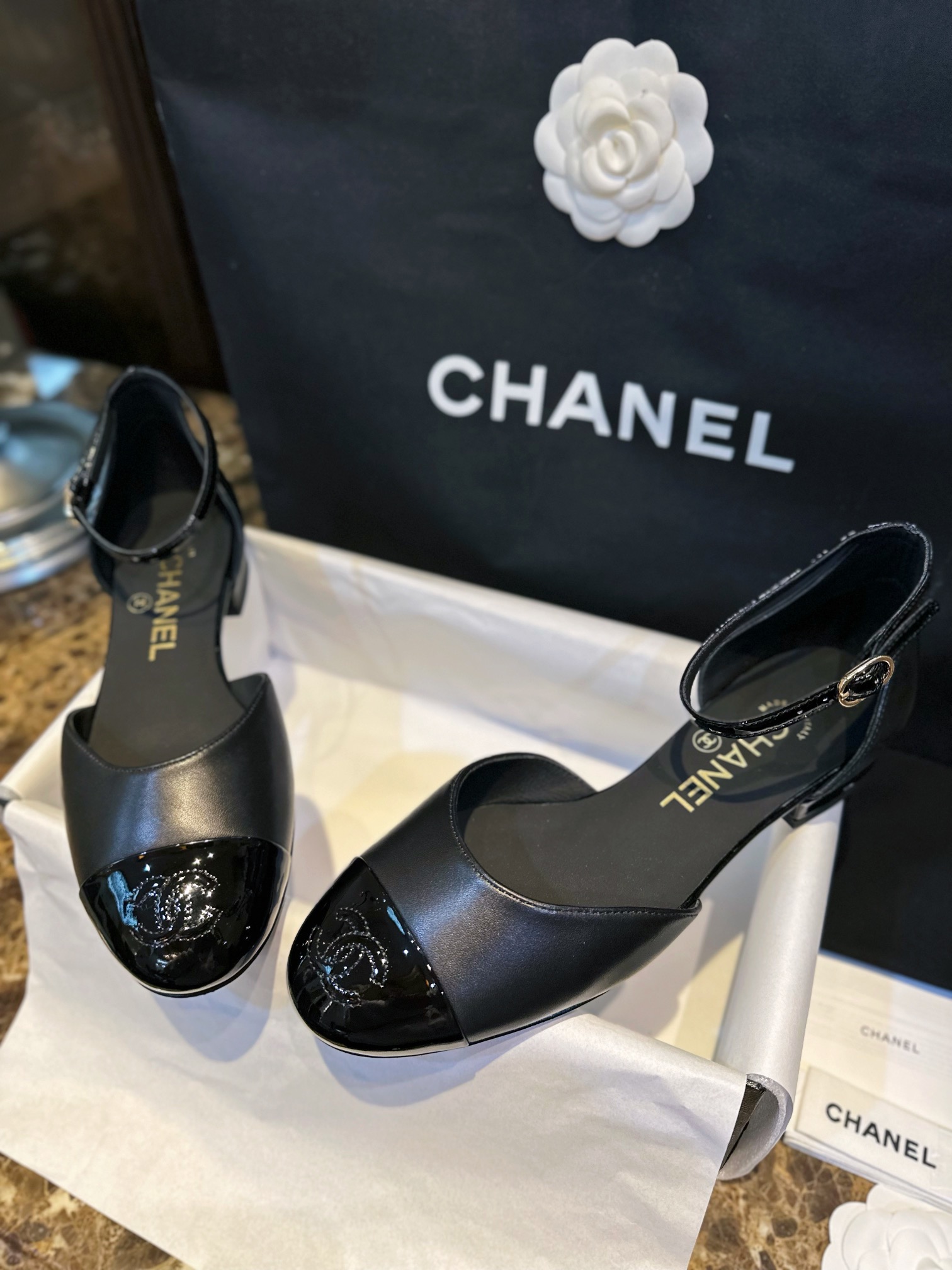 Chanel Glossy Black Mary Jane - Italian Imported Lamb Leather Combined with Patent Leather Toe, Classic Double C Logo, Embroidered Detailing ➕ Genuine Leather Sole