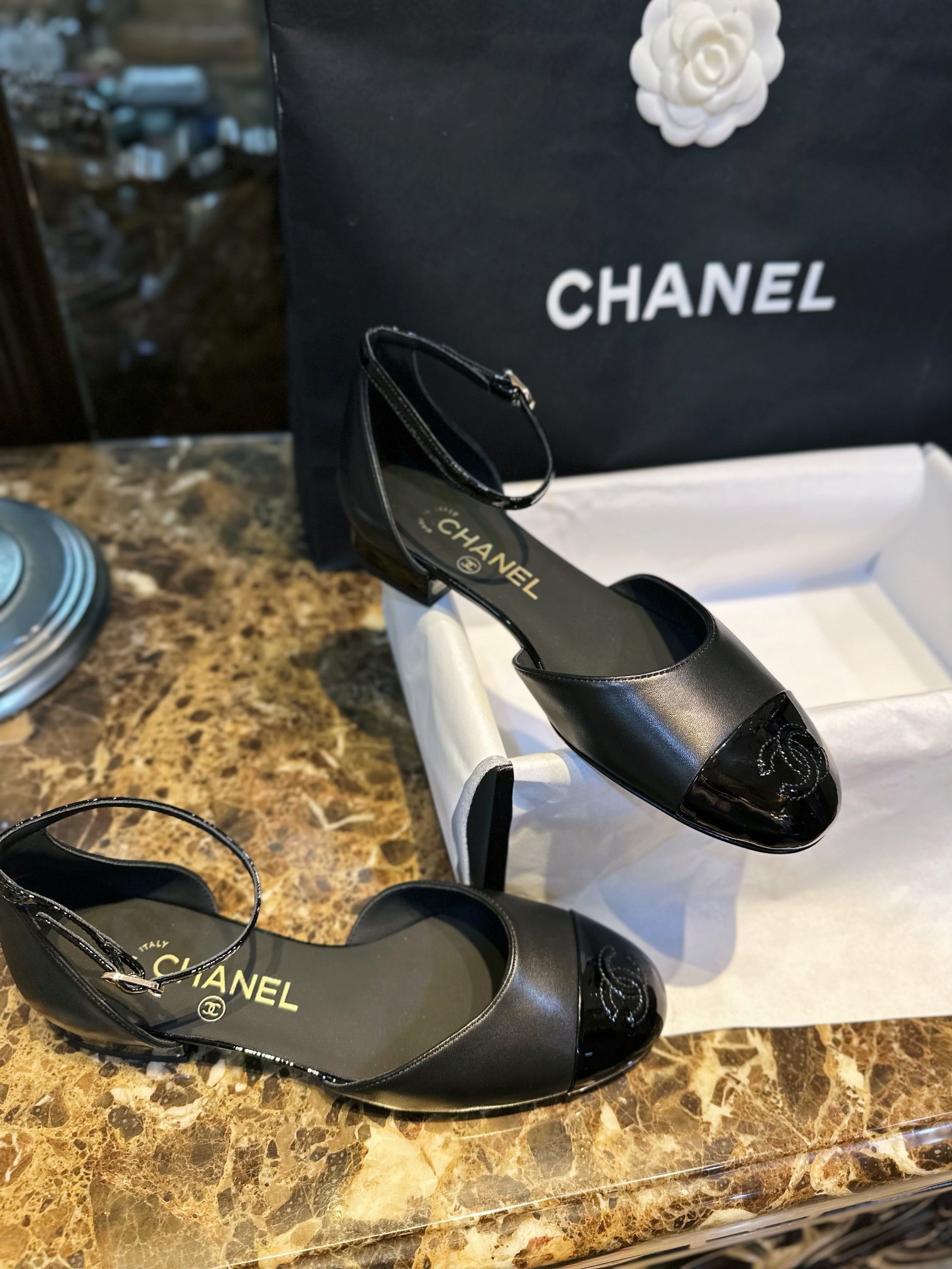 Chanel Glossy Black Mary Jane - Italian Imported Lamb Leather Combined with Patent Leather Toe, Classic Double C Logo, Embroidered Detailing ➕ Genuine Leather Sole