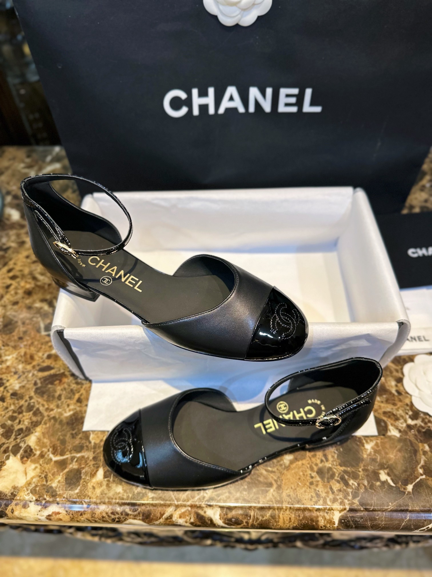 Chanel Glossy Black Mary Jane - Italian Imported Lamb Leather Combined with Patent Leather Toe, Classic Double C Logo, Embroidered Detailing ➕ Genuine Leather Sole