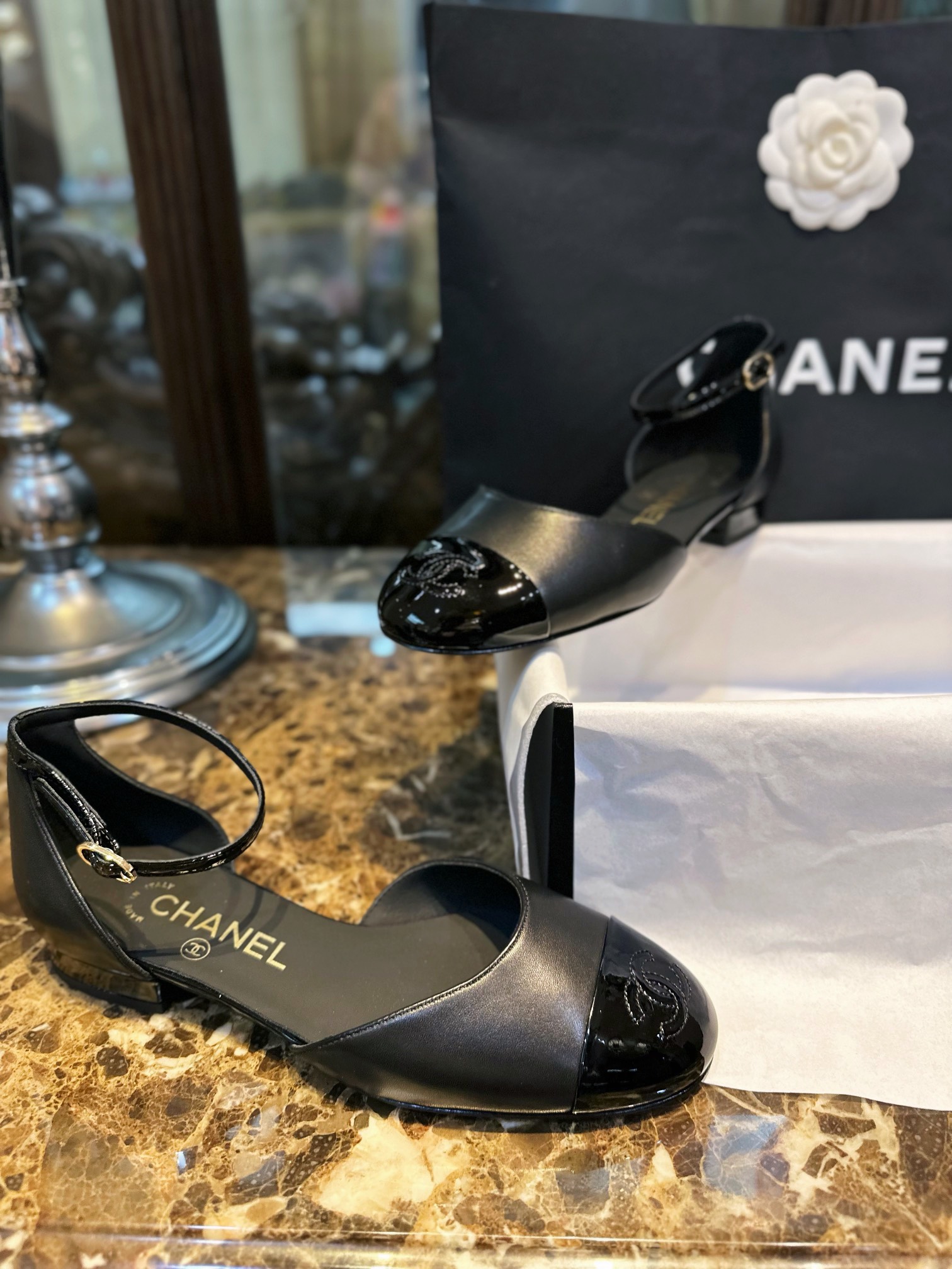 Chanel Glossy Black Mary Jane - Italian Imported Lamb Leather Combined with Patent Leather Toe, Classic Double C Logo, Embroidered Detailing ➕ Genuine Leather Sole