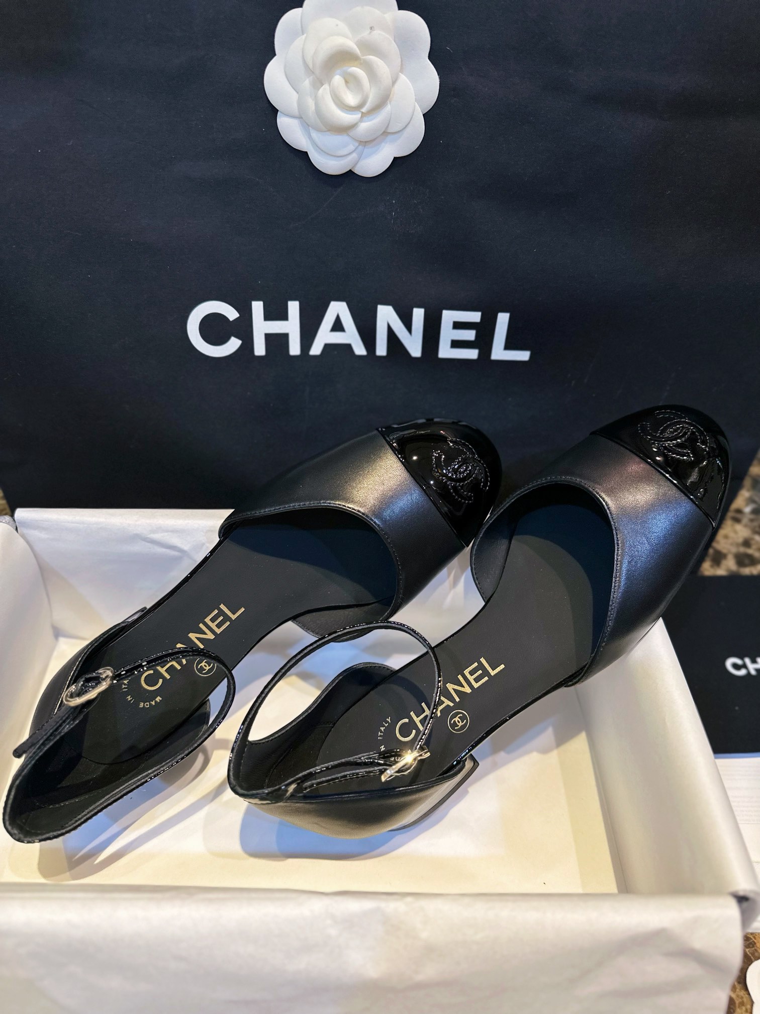 Chanel Glossy Black Mary Jane - Italian Imported Lamb Leather Combined with Patent Leather Toe, Classic Double C Logo, Embroidered Detailing ➕ Genuine Leather Sole