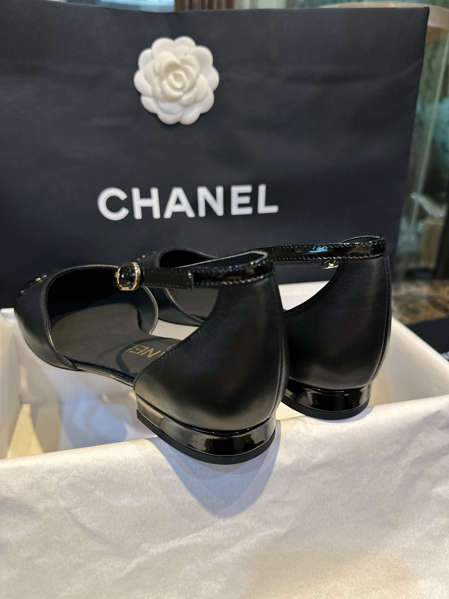 Chanel Glossy Black Mary Jane - Italian Imported Lamb Leather Combined with Patent Leather Toe, Classic Double C Logo, Embroidered Detailing ➕ Genuine Leather Sole