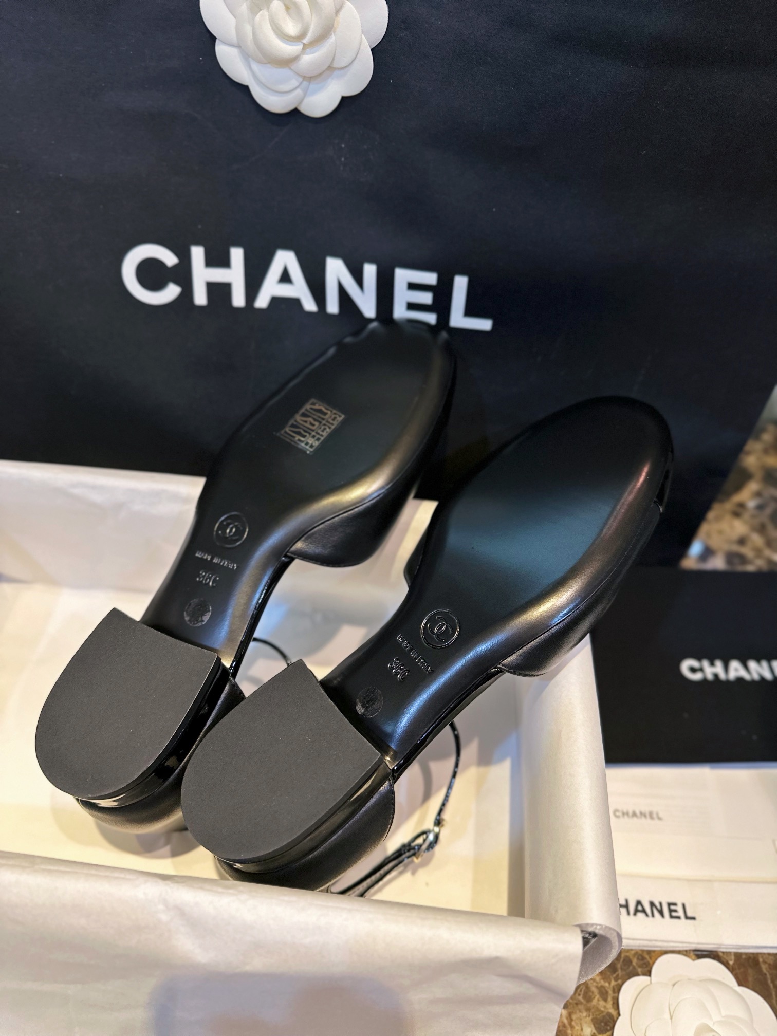 Chanel Glossy Black Mary Jane - Italian Imported Lamb Leather Combined with Patent Leather Toe, Classic Double C Logo, Embroidered Detailing ➕ Genuine Leather Sole