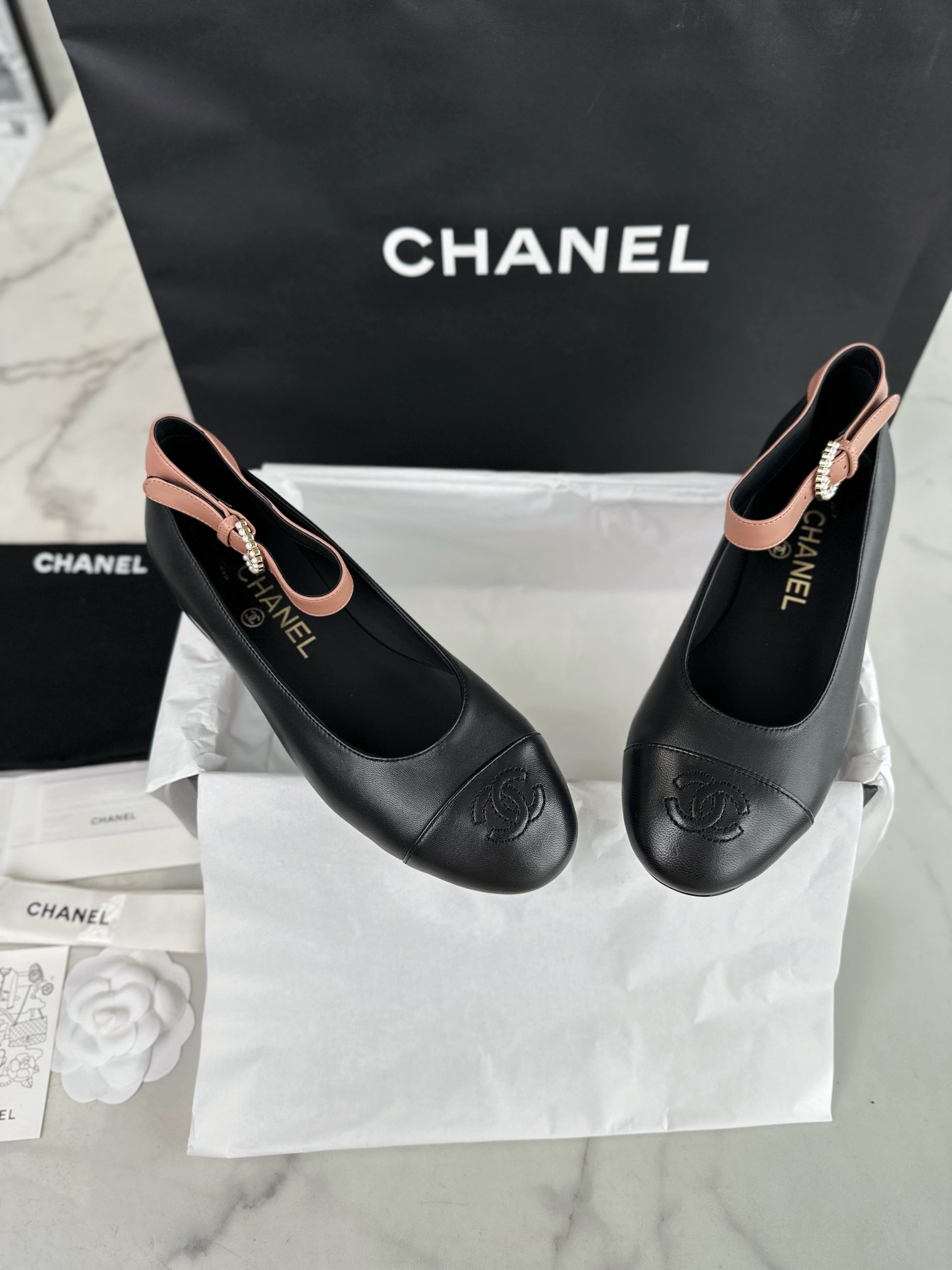 Chanel Color Block Mary Janes with Pearl Button -  Crafted Entirely from Italian 